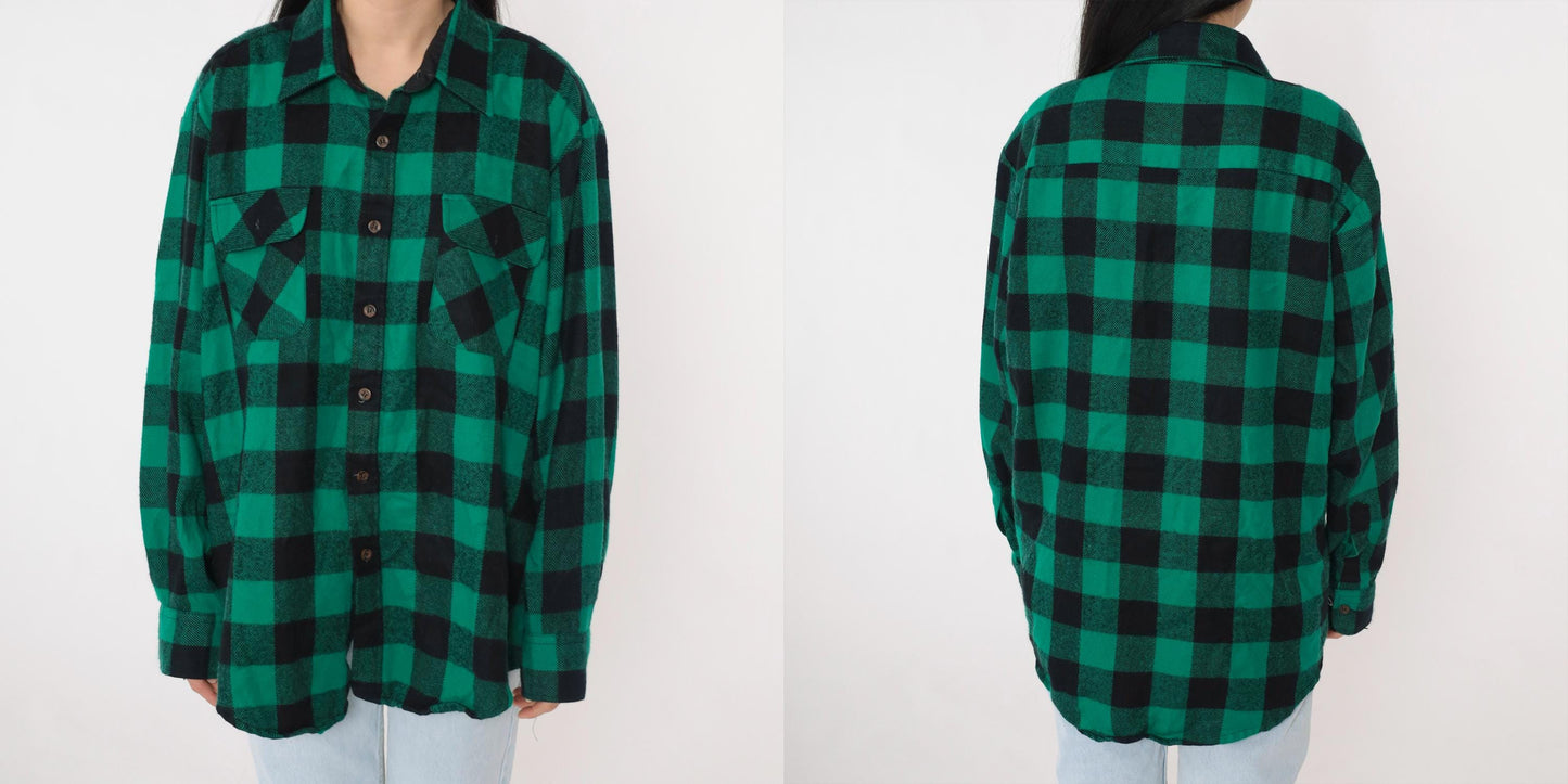 80s Big Yank Buffalo Plaid Shirt Green Button Up Long Sleeve Extra Large XL