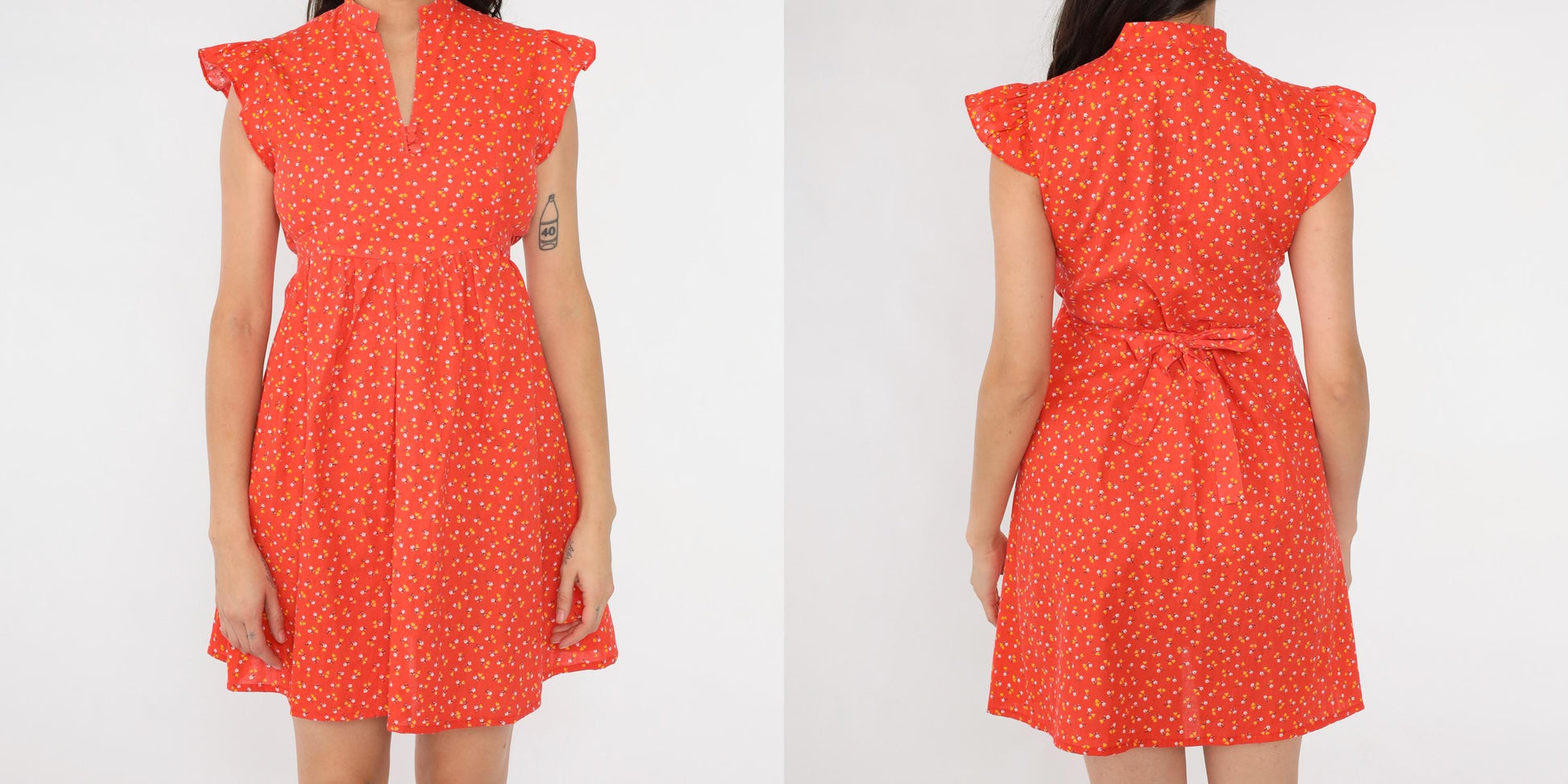 70s Orange Calico Floral Babydoll Mini Dress Empire Waist Flutter Sleeve XS