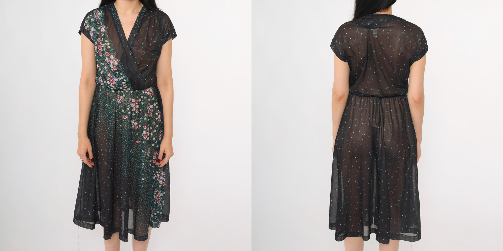 70s Black Floral Sheer Midi Dress Faux Wrap V Neck Cap Sleeve Small