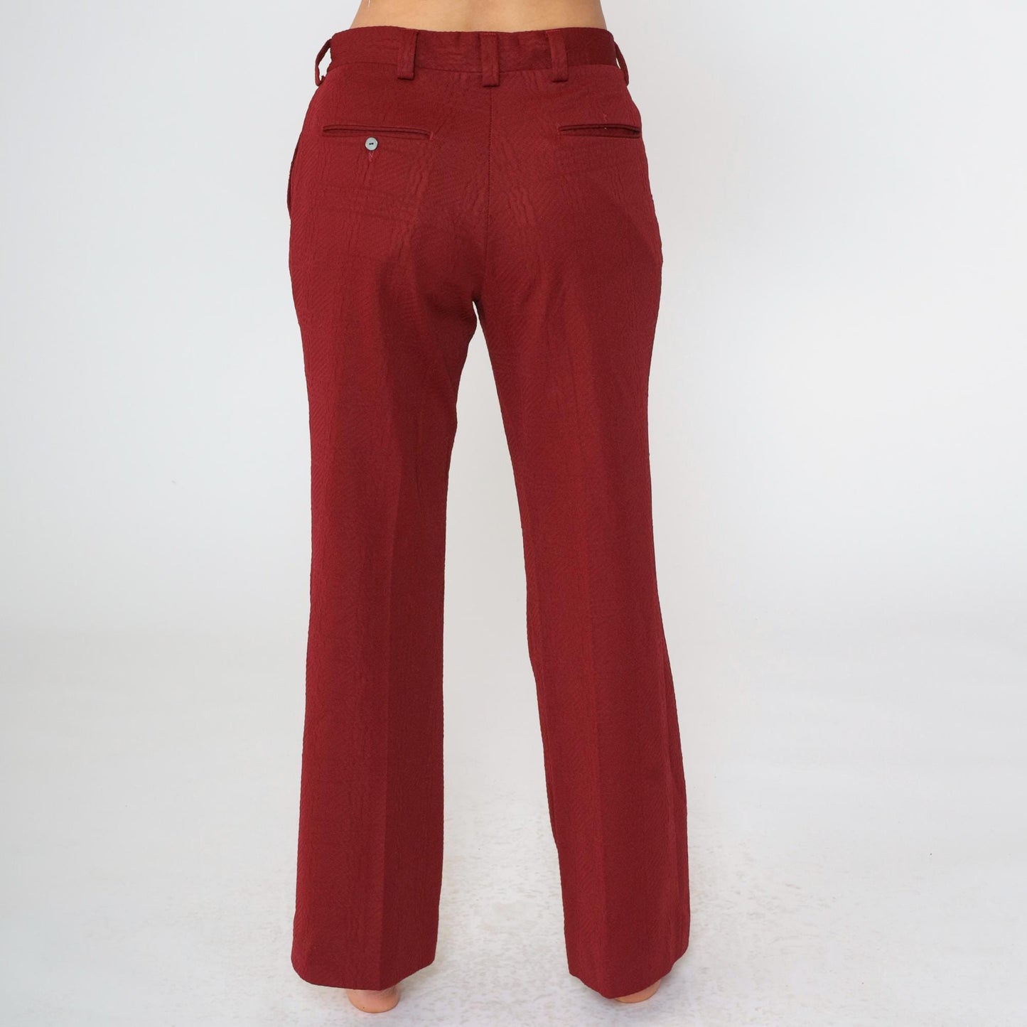 70s Burgundy Flared Trousers High Waist Textured Polyester Medium