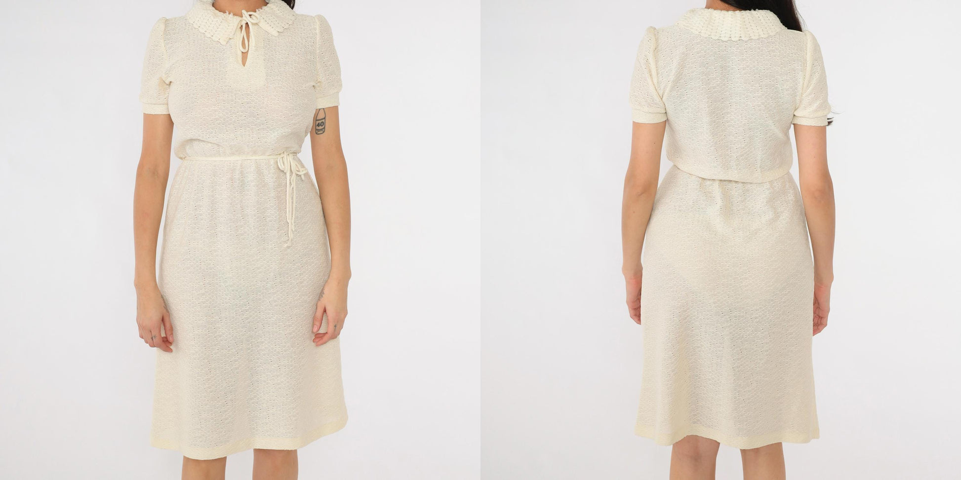 70s Sears Cream Knit Midi Dress Puff Sleeve Keyhole Neck Extra Small
