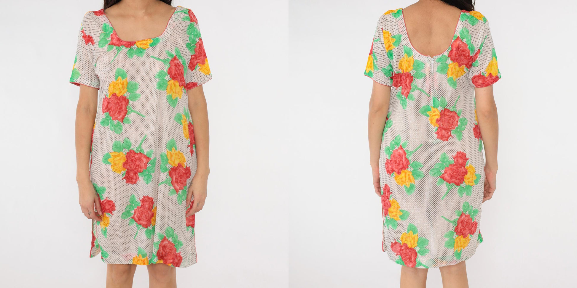 Y2K Polka Dot Floral Mini Dress Short Sleeve Shift Red Yellow Medium