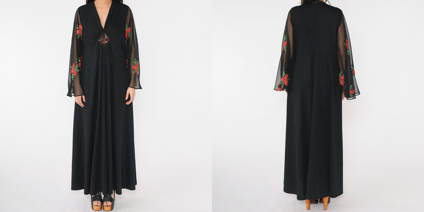 70s Black Maxi Dress Angel Sleeve Floral Embroidered Empire Waist Large