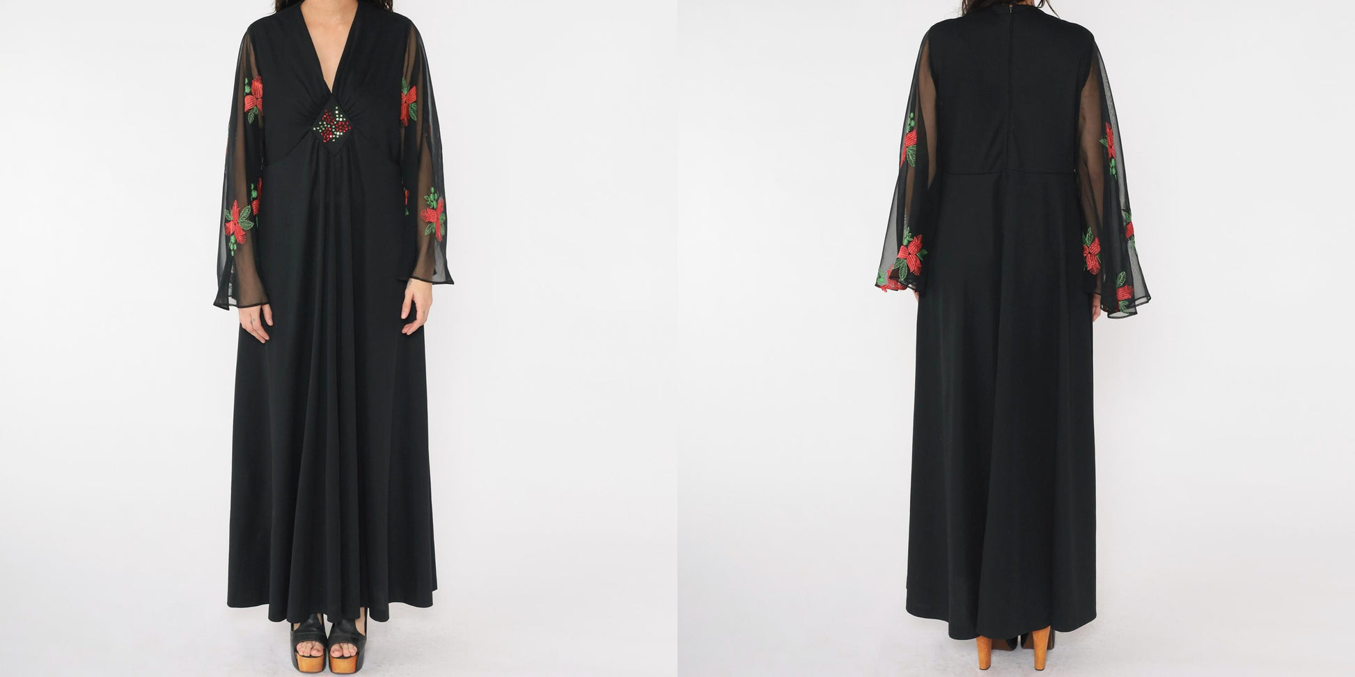 70s Black Maxi Dress Angel Sleeve Floral Embroidered Empire Waist Large