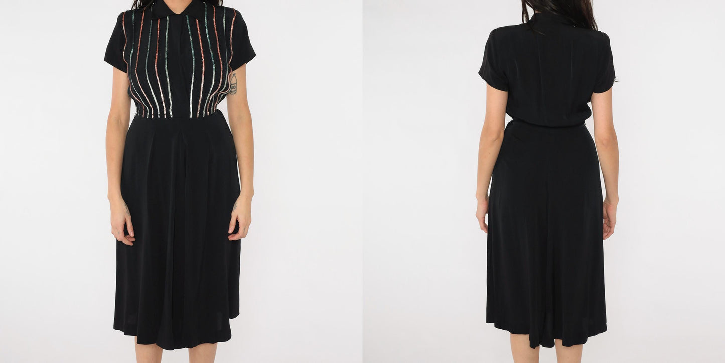 1950s Black Sequin Stripe Party Dress Midi Pleated Skirt Small S