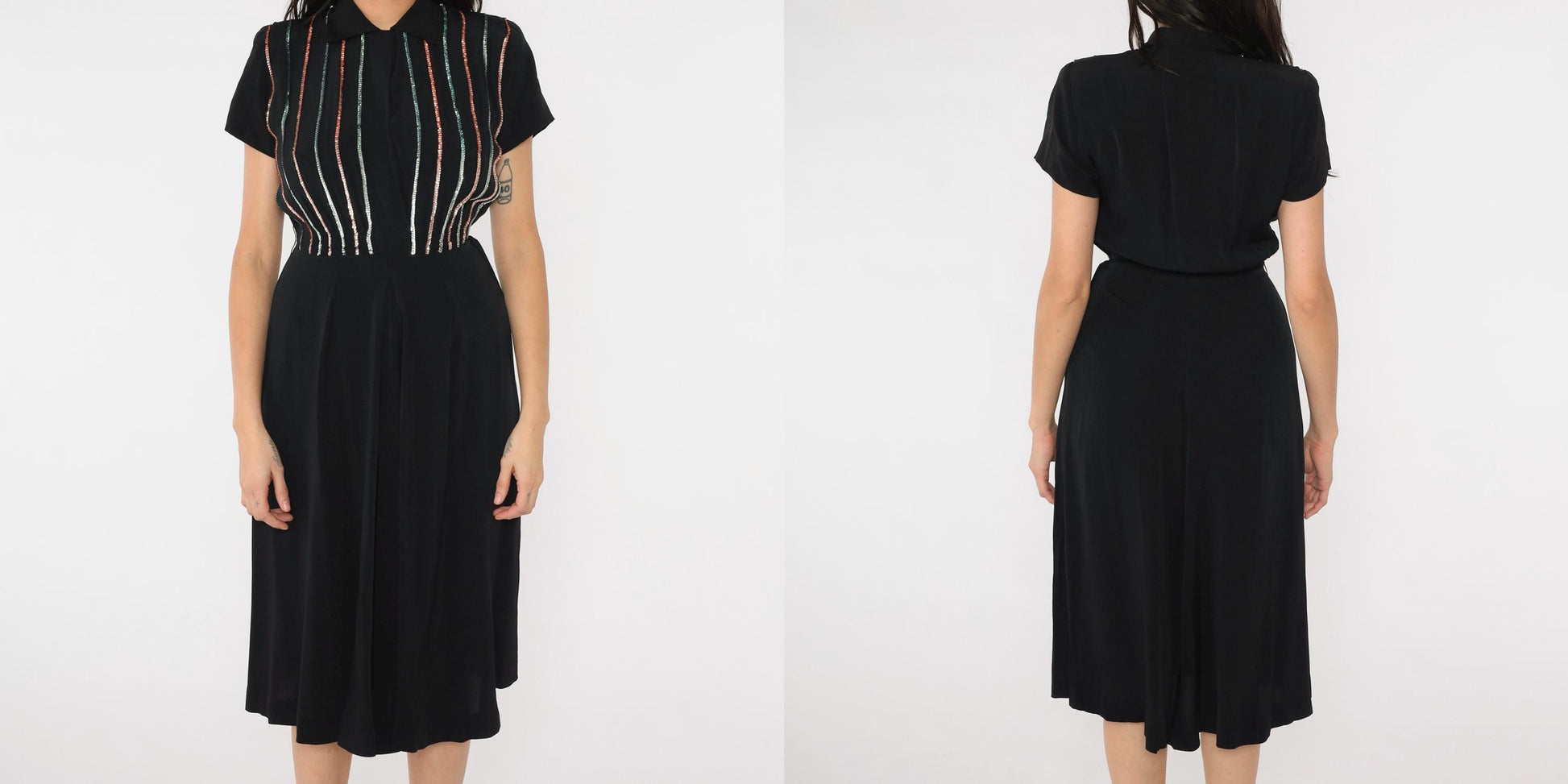 1950s Black Sequin Stripe Party Dress Midi Pleated Skirt Small S