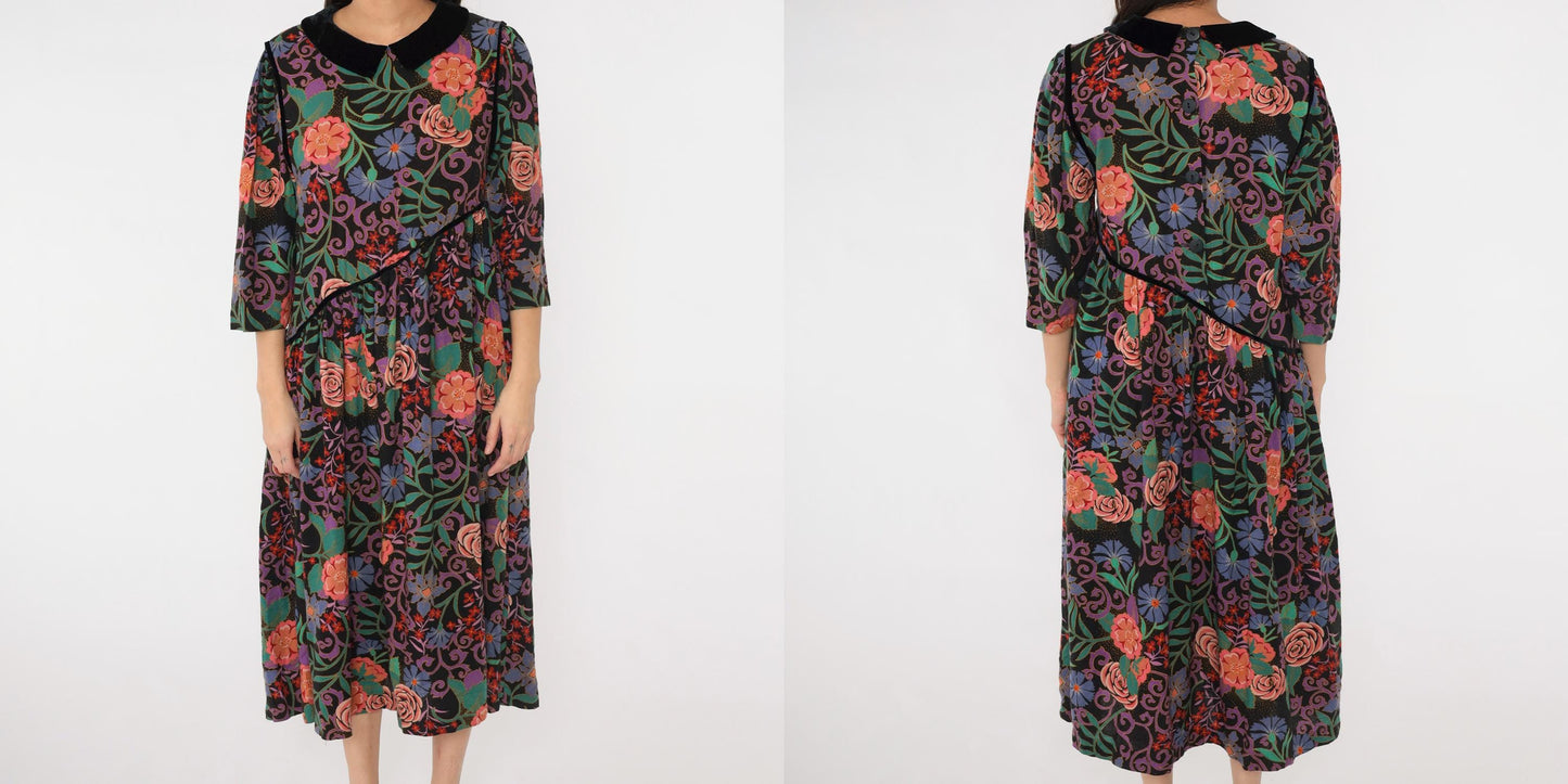 80s Floral Midi Dress Black Multicolor Peter Pan Collar Velvet Asymmetrical Large