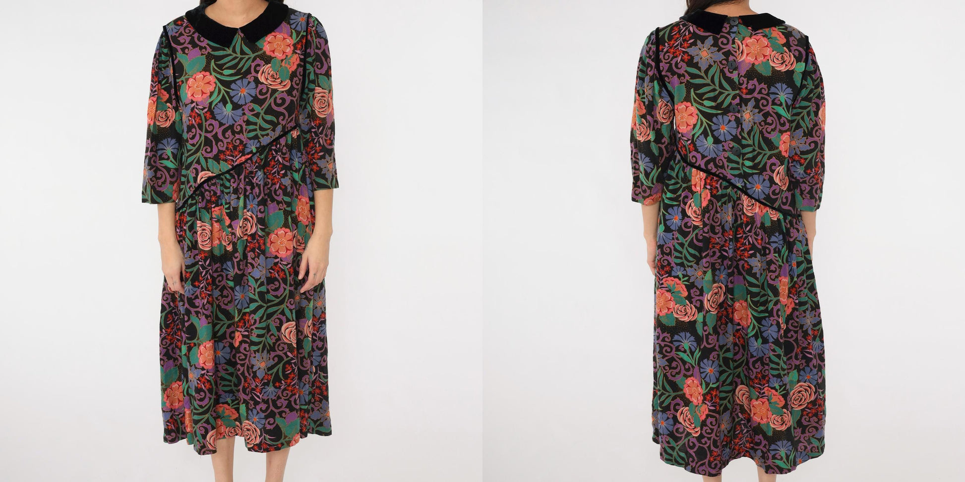 80s Floral Midi Dress Black Multicolor Peter Pan Collar Velvet Asymmetrical Large