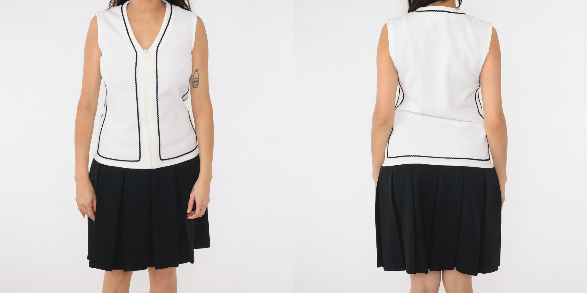 60s Mod Mini Dress Black White Drop Waist Pleated Sleeveless Small