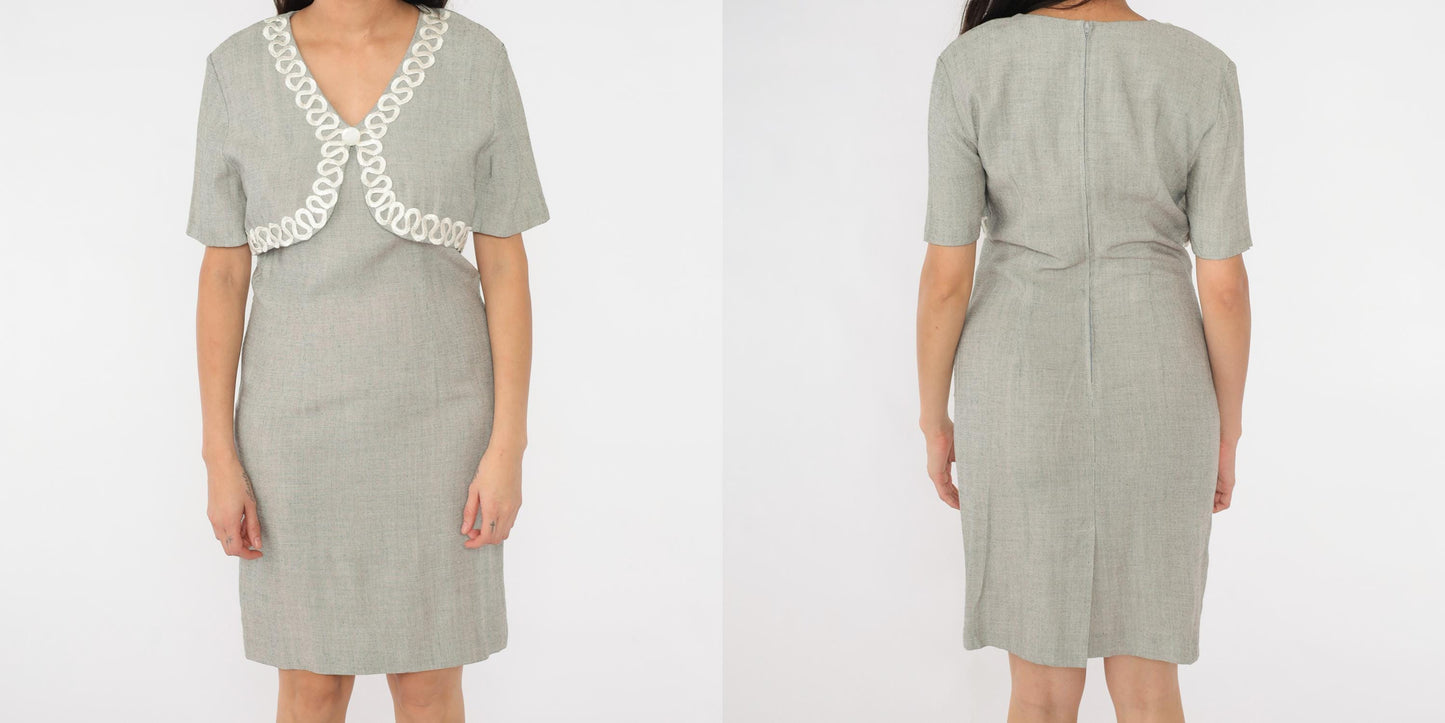 80s Grey Sheath Dress Pencil Silhouette Illusion Bolero Small