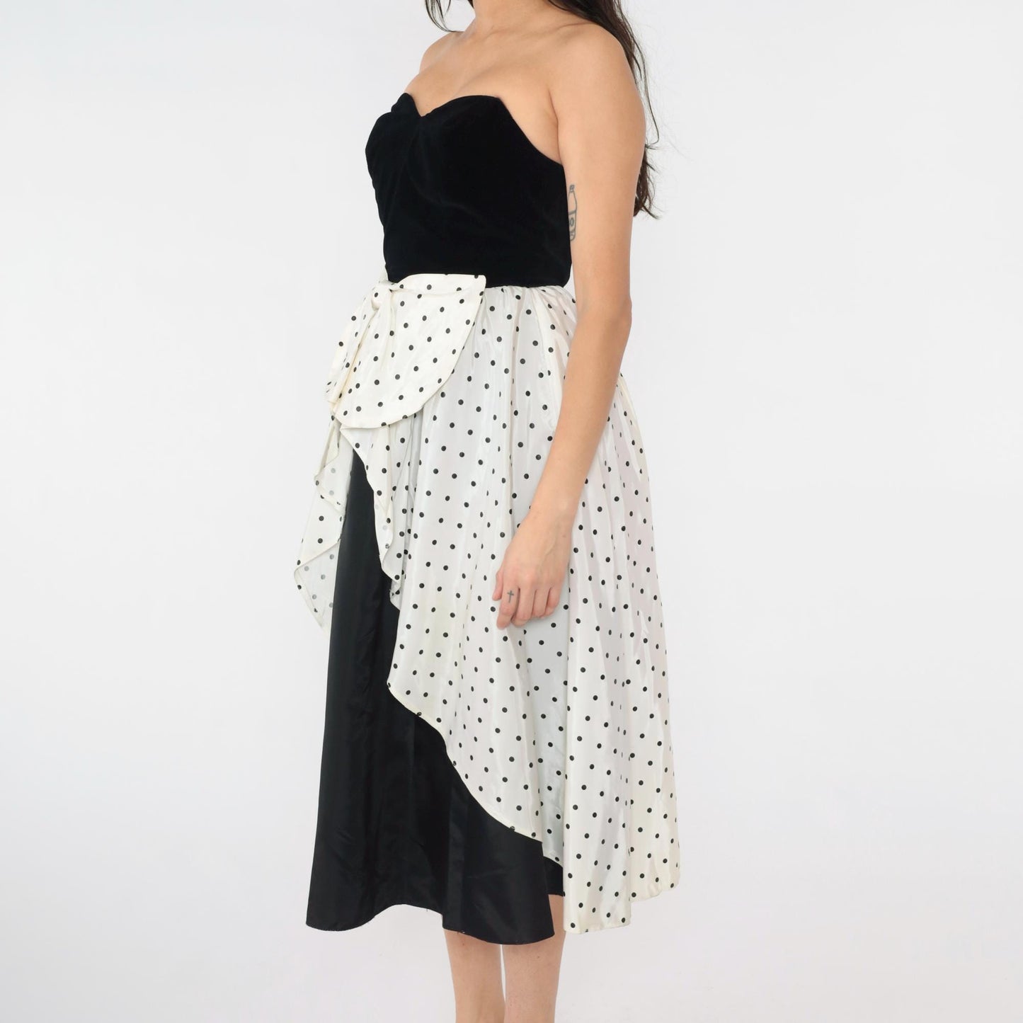 80s Yessica Strapless Velvet Polka Dot Midi Dress Sweetheart Neckline Black White Bow Extra Small