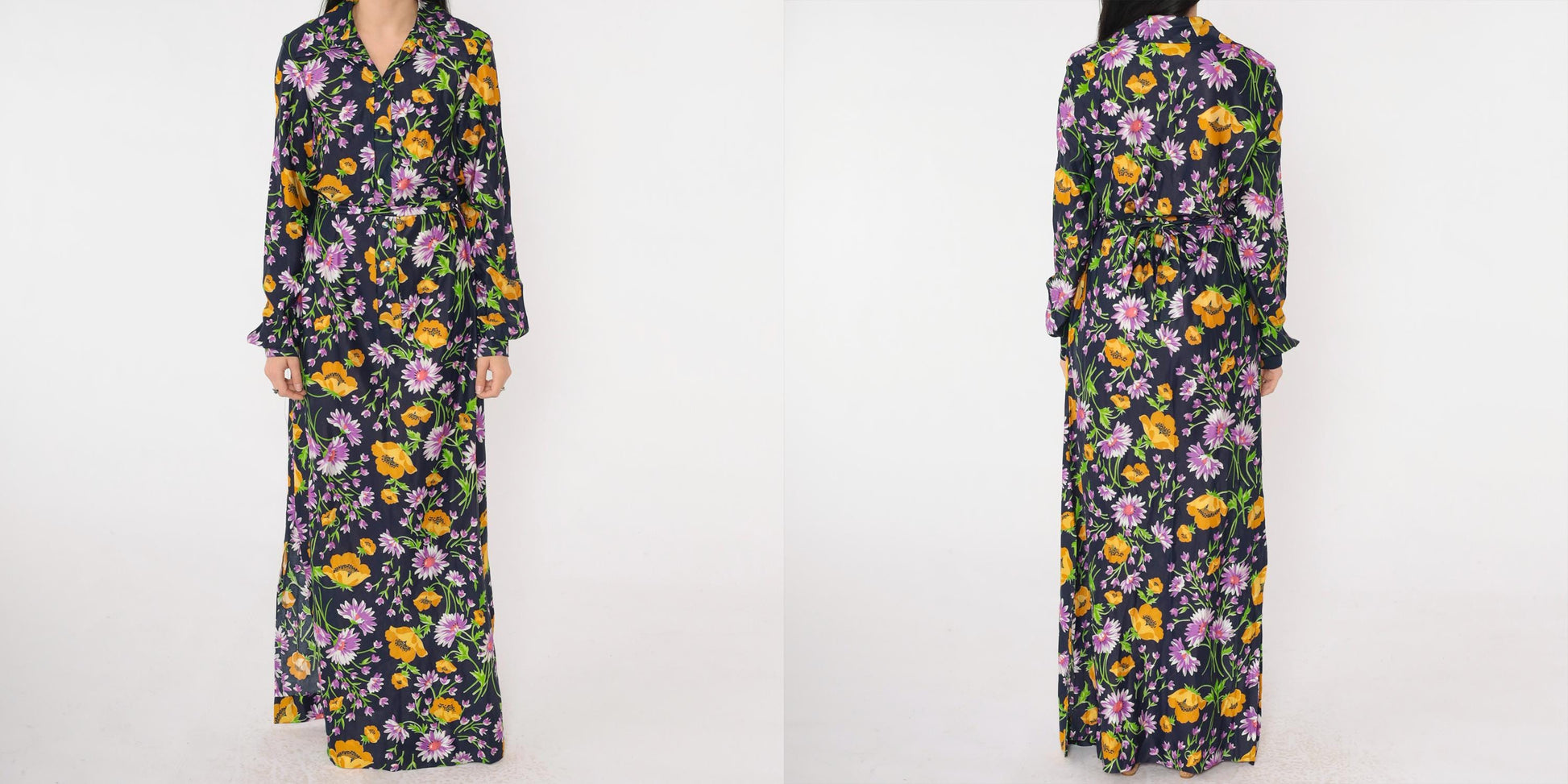 70s Lane Bryant Navy Floral Maxi Shirt Dress Dagger Collar Belt Small