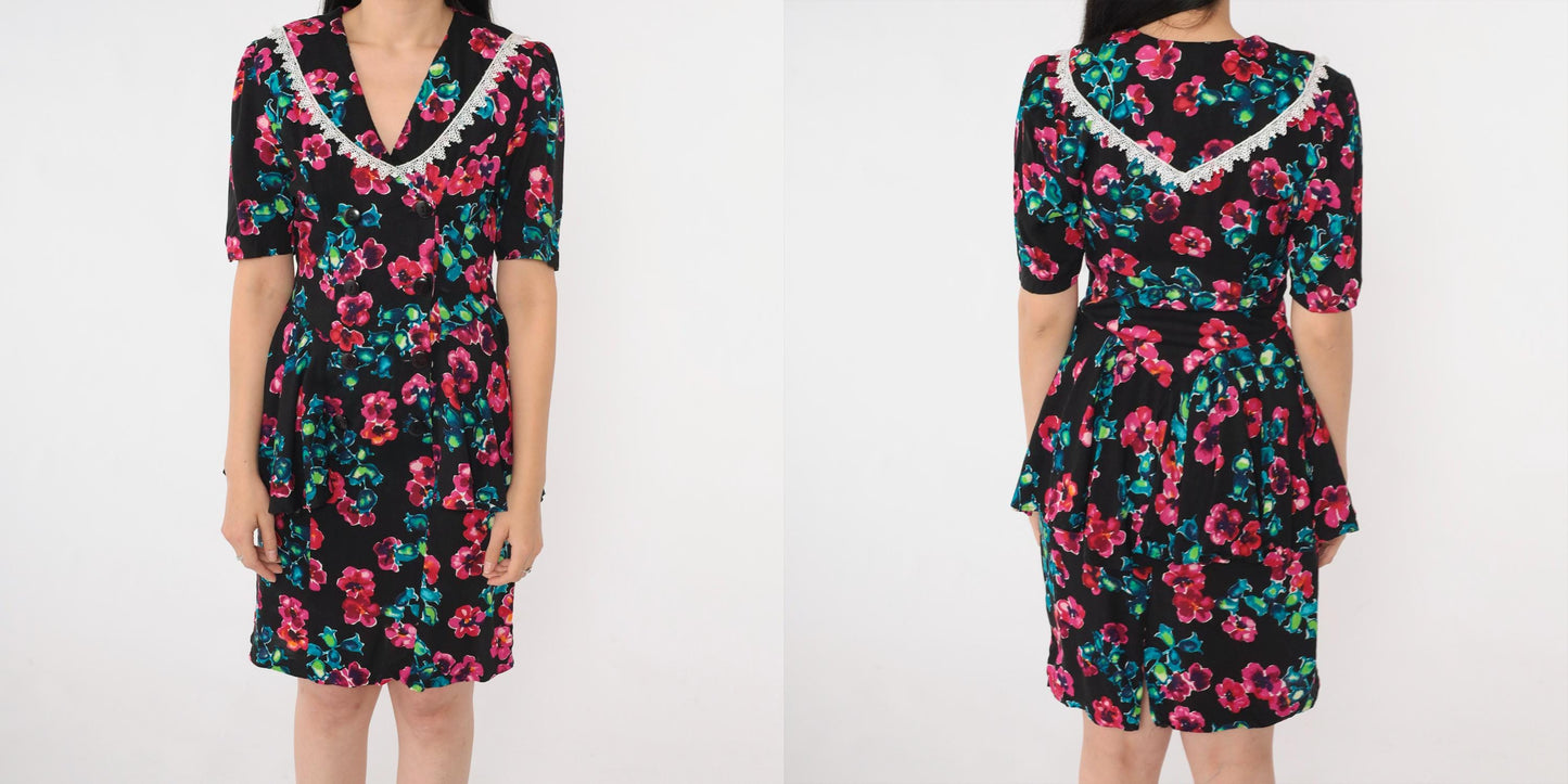 80s Milarzo Floral Peplum Mini Dress Black Double Breasted Puff Sleeve Small
