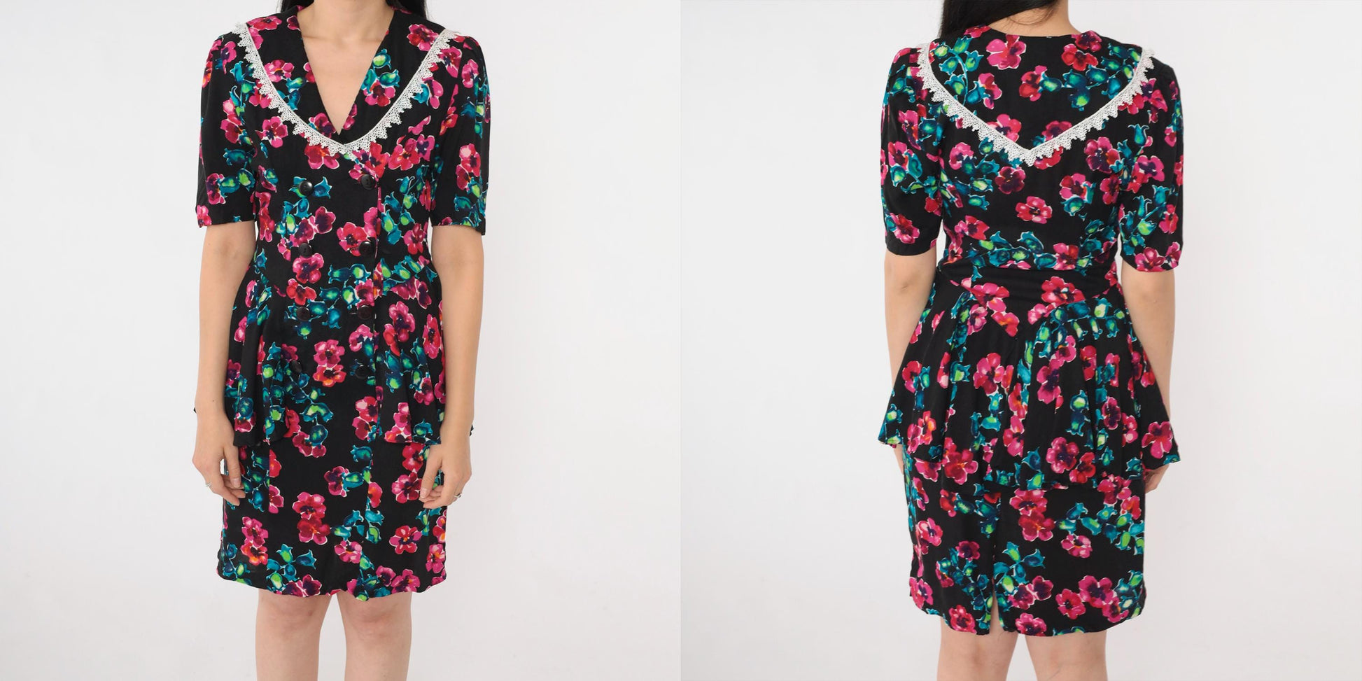 80s Milarzo Floral Peplum Mini Dress Black Double Breasted Puff Sleeve Small