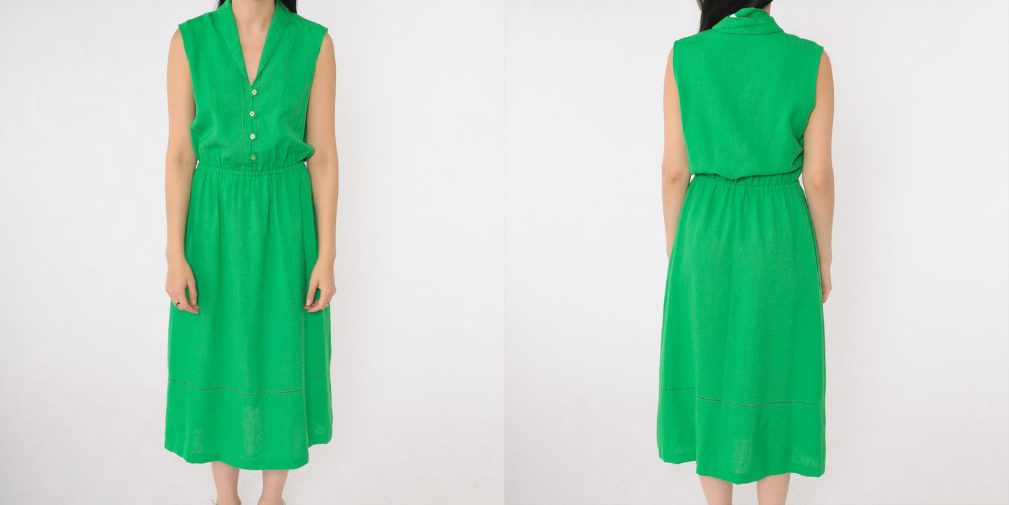 80s Green Linen Midi Dress Collared Button-Up Eyelet Cutwork Small