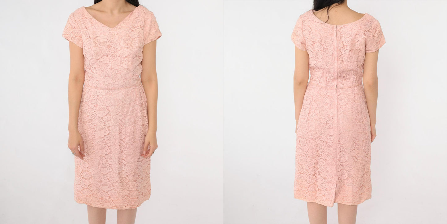 1960s Pink Lace Cocktail Dress V Neck High Waist Knee Length Small