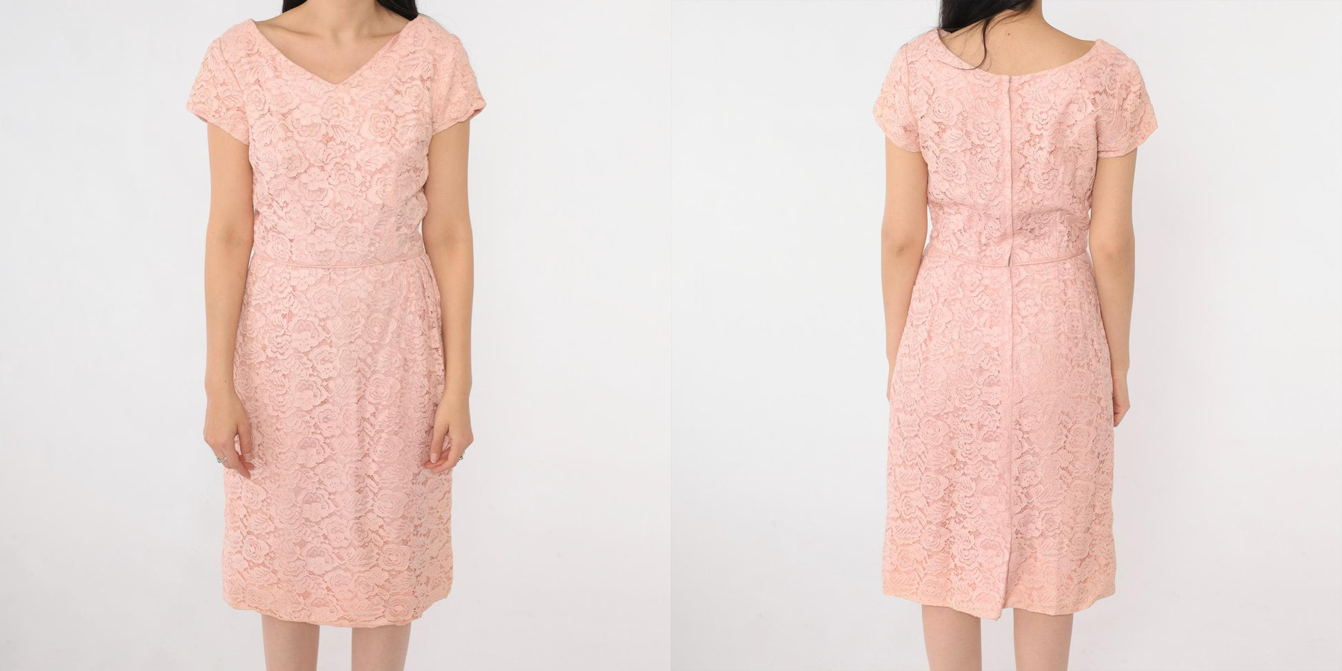 1960s Pink Lace Cocktail Dress V Neck High Waist Knee Length Small