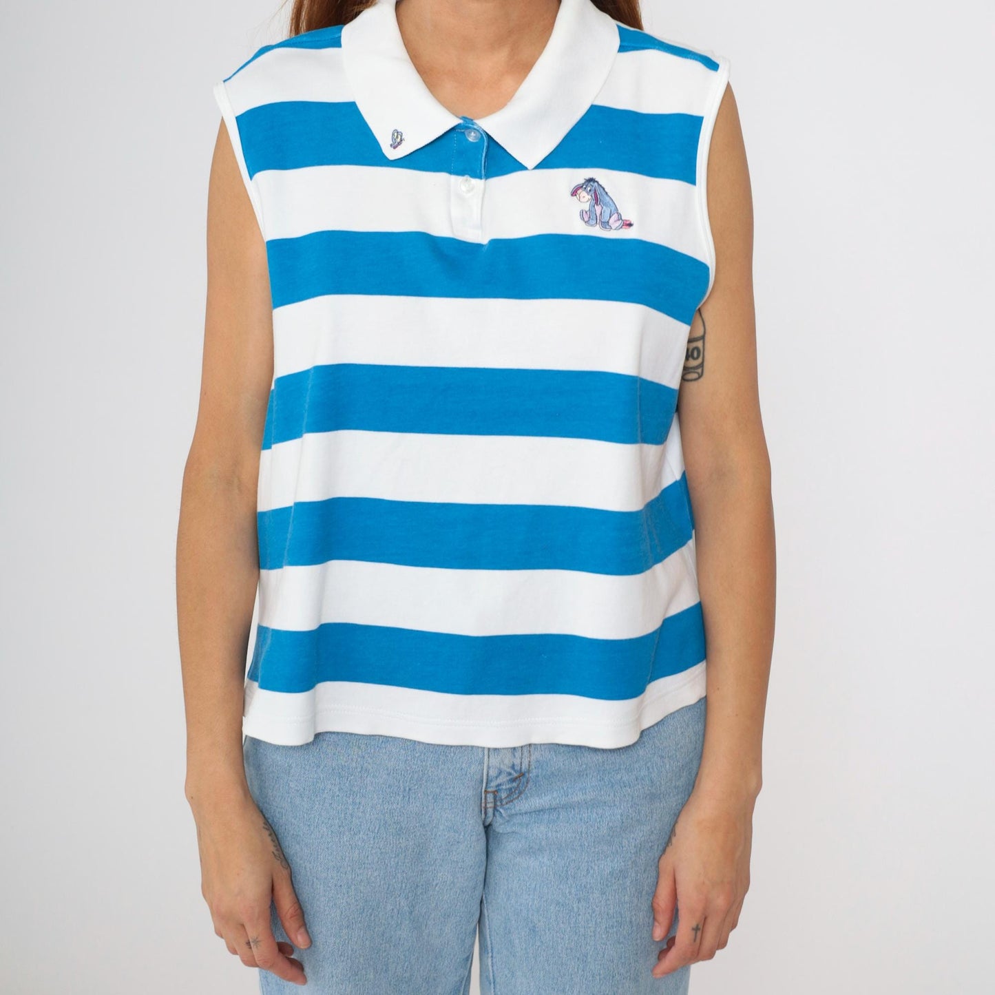 Disney Eeyore Polo Tank Top Blue Striped Embroidered Cotton Extra Large