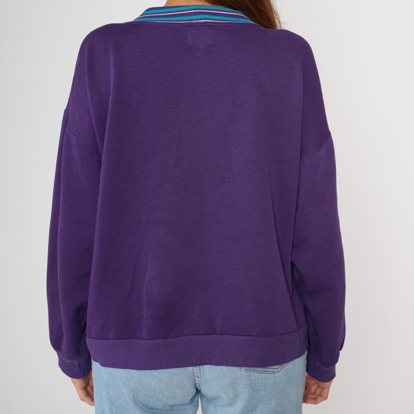 90s I.O.U. Spellout Sweatshirt Purple Striped Collar Graphic Pullover Large