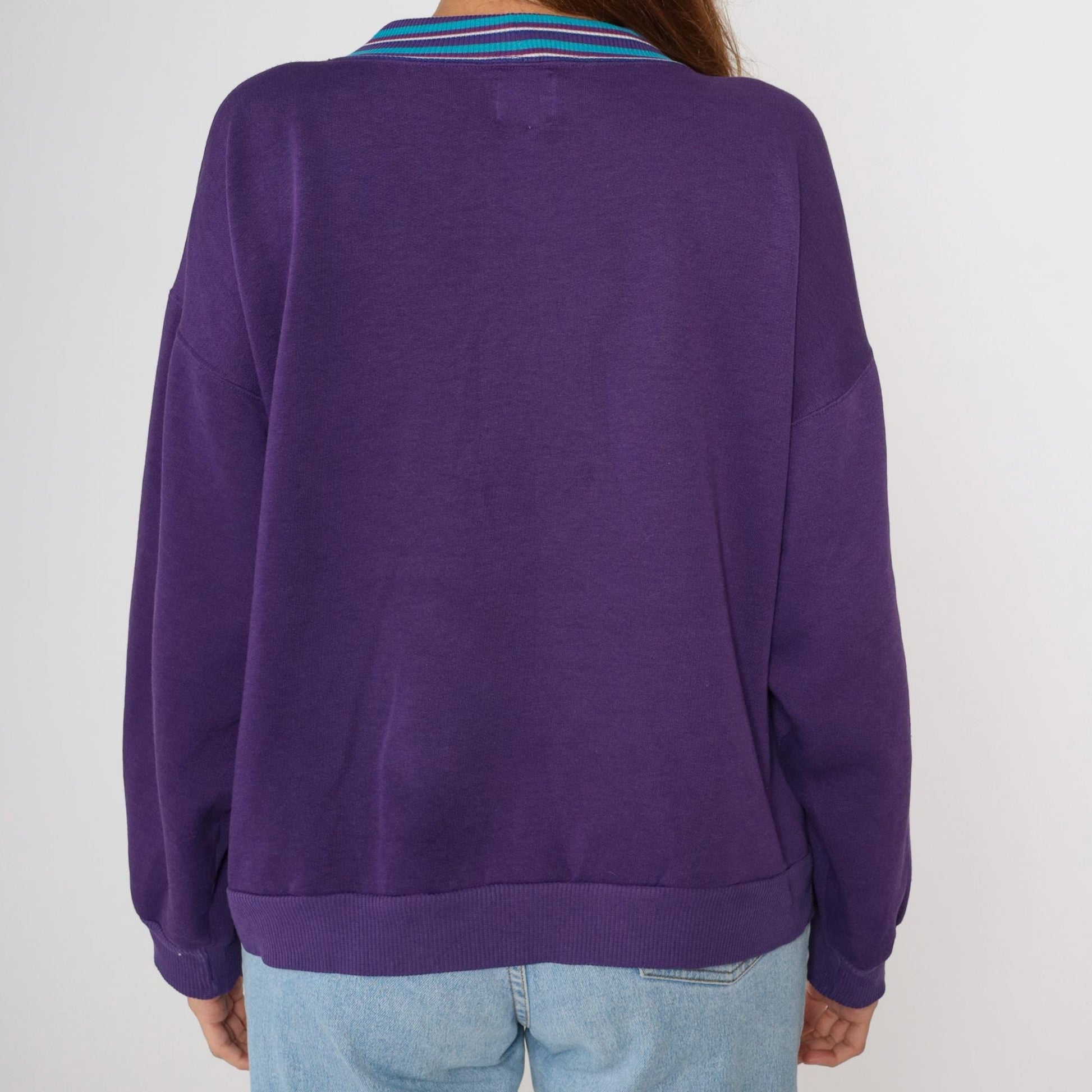 90s I.O.U. Spellout Sweatshirt Purple Striped Collar Graphic Pullover Large