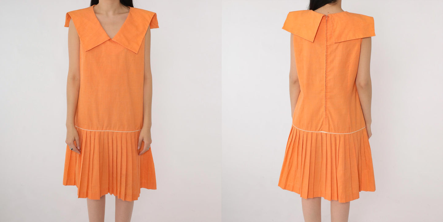 60s Mod Scooter Dress Orange Sailor Collar Drop Waist Pleated Knee Small