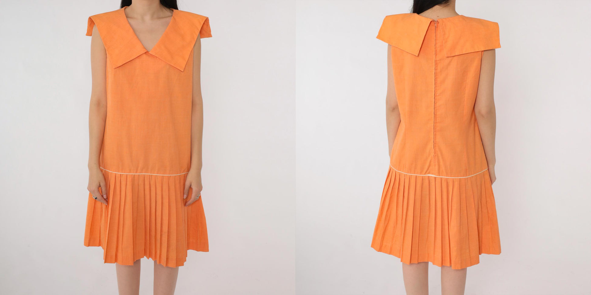 60s Mod Scooter Dress Orange Sailor Collar Drop Waist Pleated Knee Small