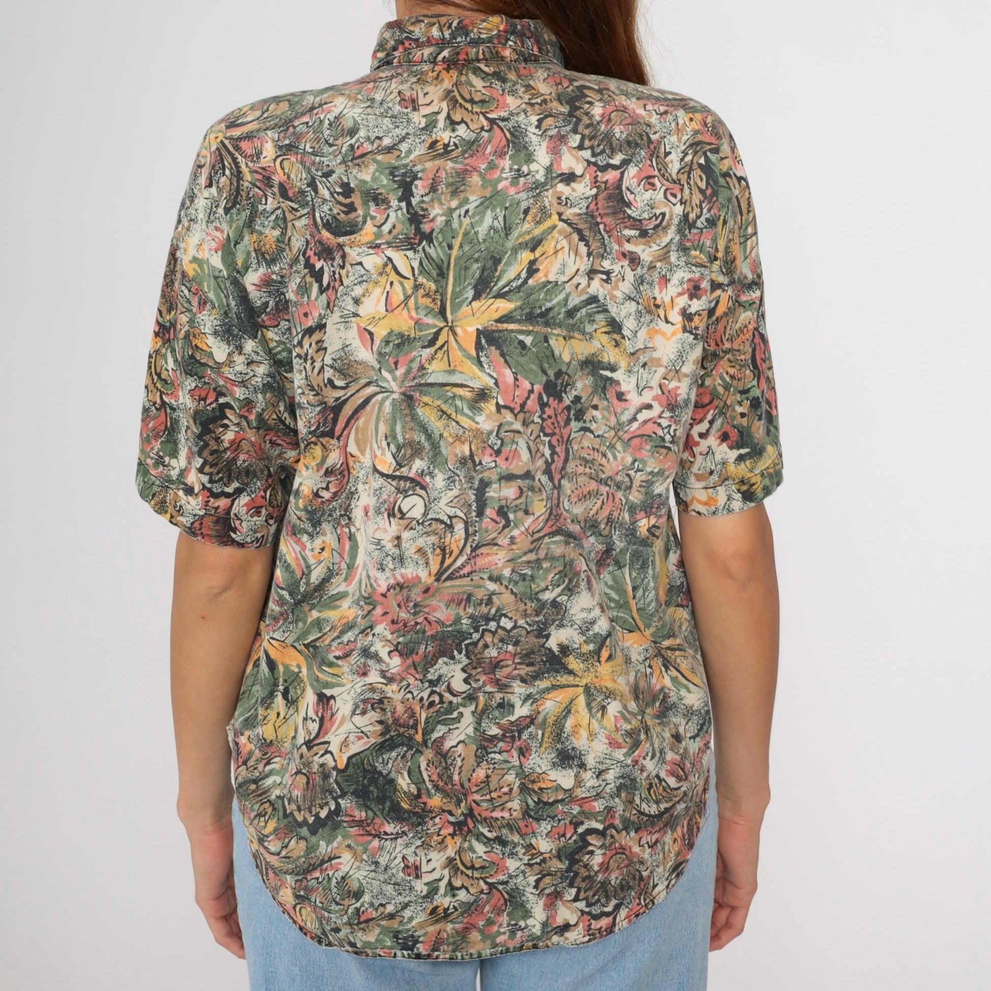 90s Tropical Jungle Print Button-Up Shirt Green Yellow Pink Cotton Large