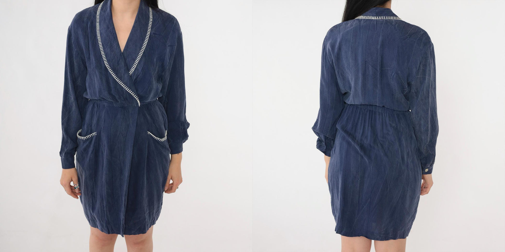 90s Petite Sophisticate Navy Faux Wrap Dress Rayon Shawl Collar Mini Small