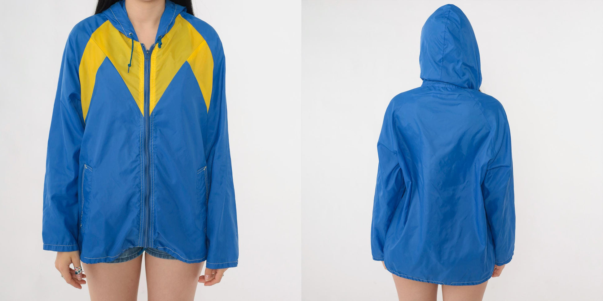 80s Blue Yellow Color Block Windbreaker Hooded Zip Jacket Medium