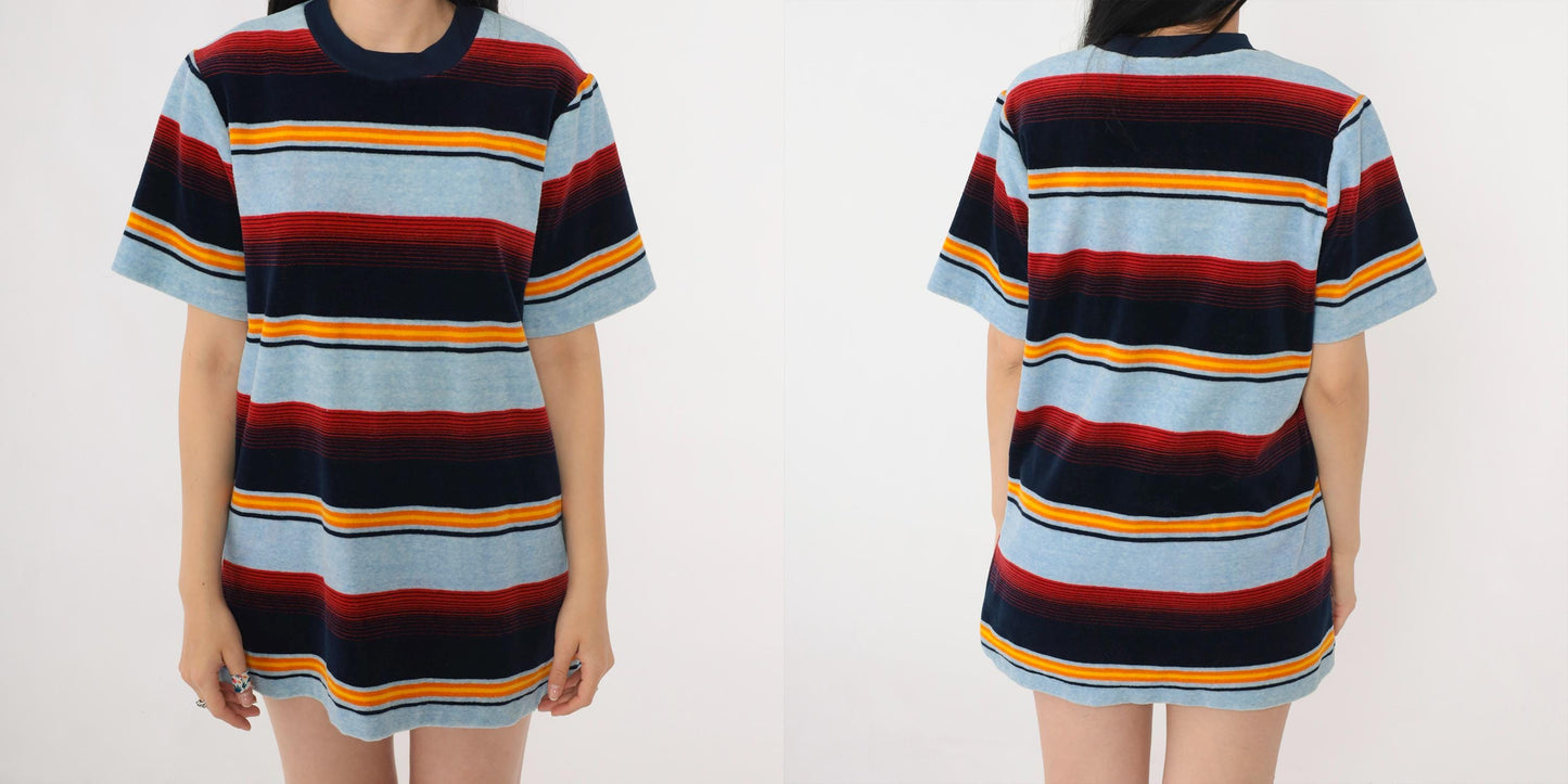 80s Baby Blue Velour Ringer Tee Multicolor Striped Crewneck Medium M