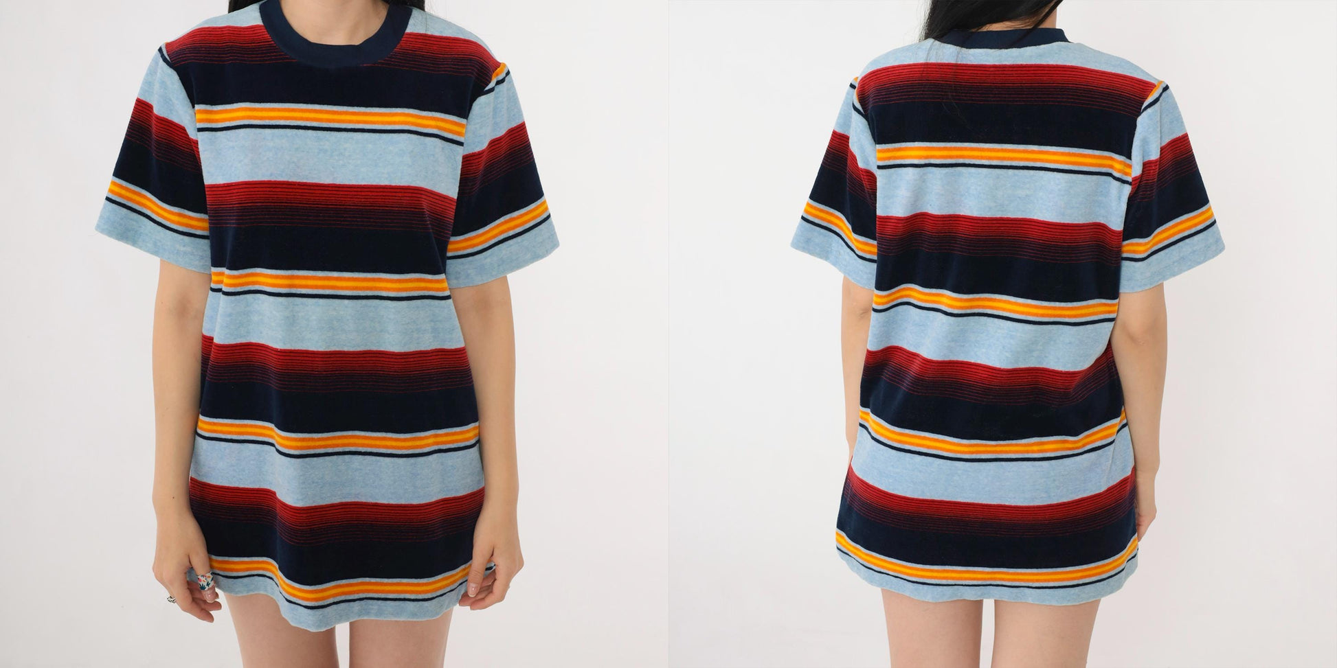 80s Baby Blue Velour Ringer Tee Multicolor Striped Crewneck Medium M