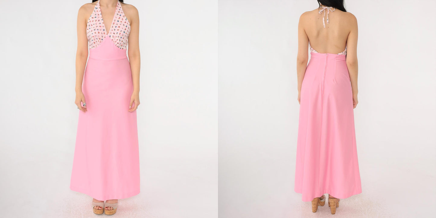 70s Pink Floral Halter Maxi Dress Empire Waist Open Back Extra Small