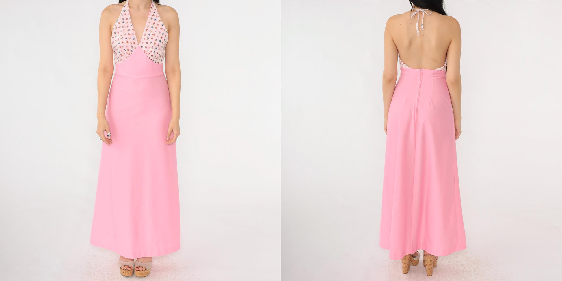 70s Pink Floral Halter Maxi Dress Empire Waist Open Back Extra Small