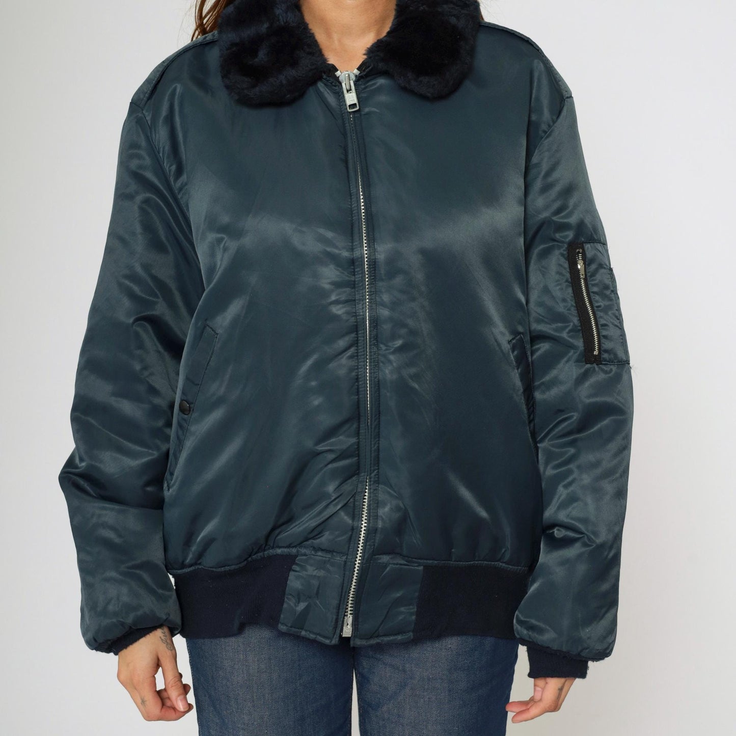 90s Dickies Navy Bomber Jacket Faux Fur Collar Quilted Lining Large L