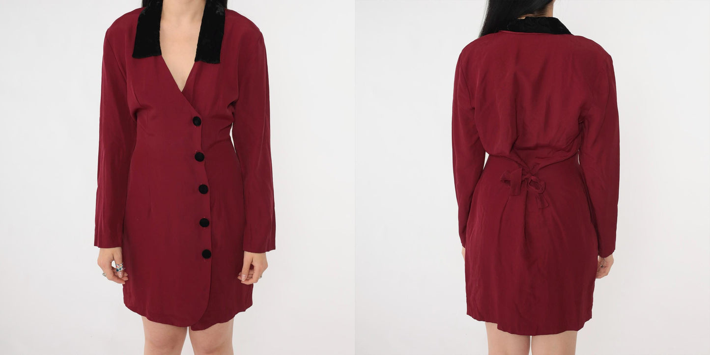 90s Burgundy Velvet Collar Mini Dress Button-Up Sheath Long Sleeve Small