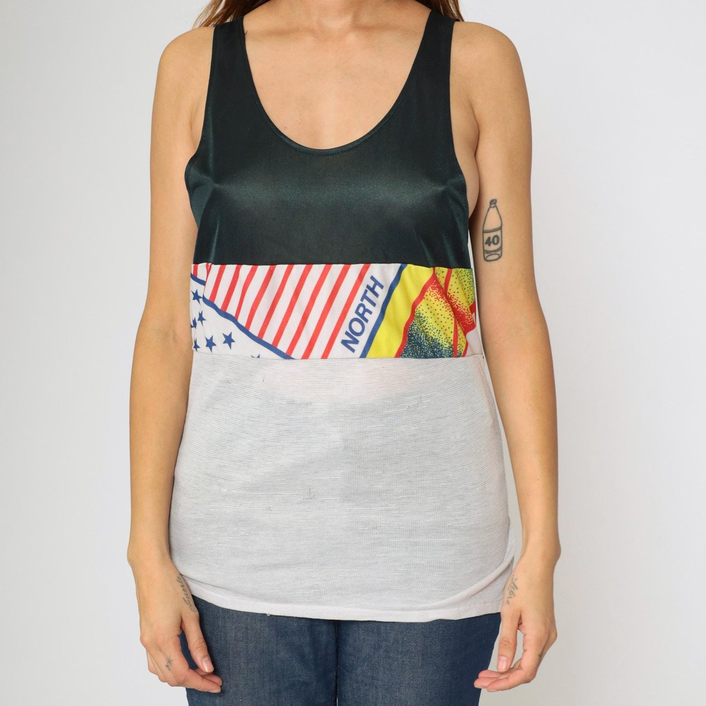 90s Colorblock Mesh Athletic Tank Top Flag Graphic Black White Small S