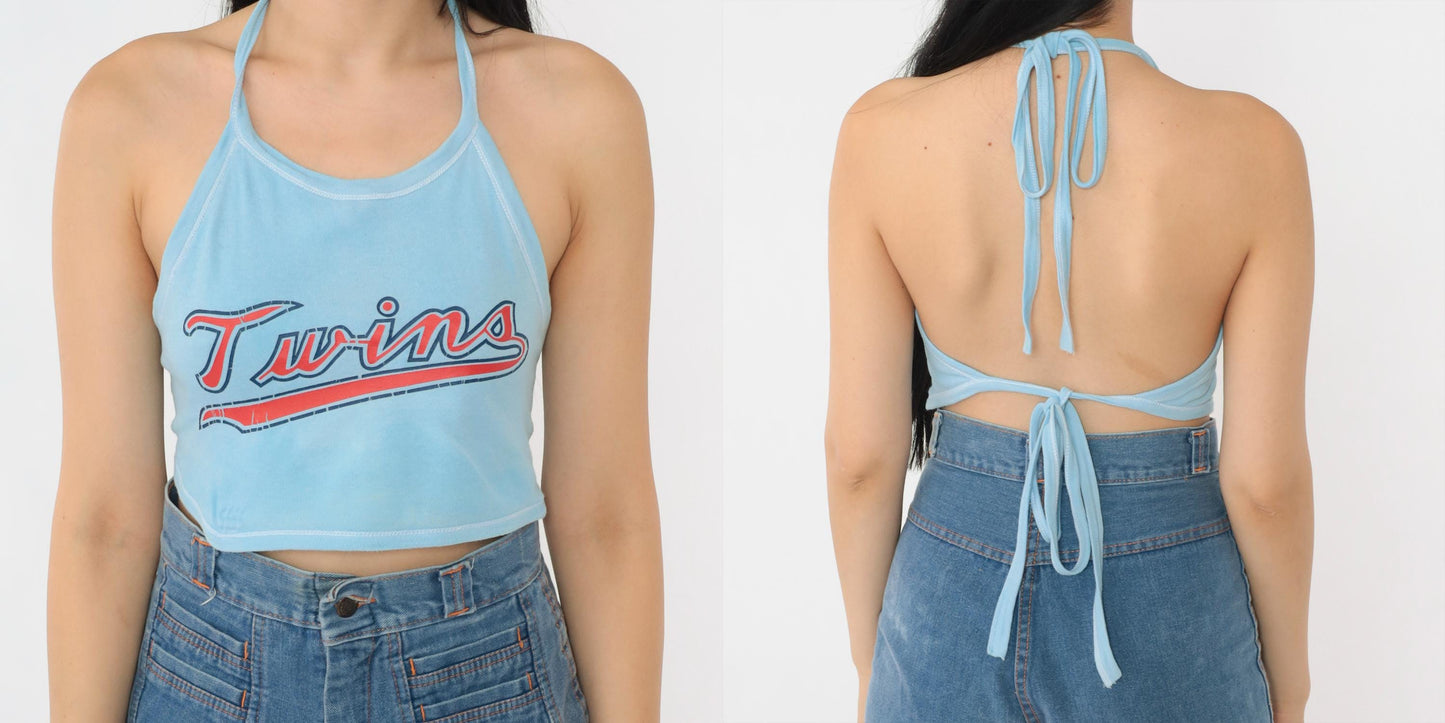 80s Twins Baseball Halter Crop Top Baby Blue Backless Medium M