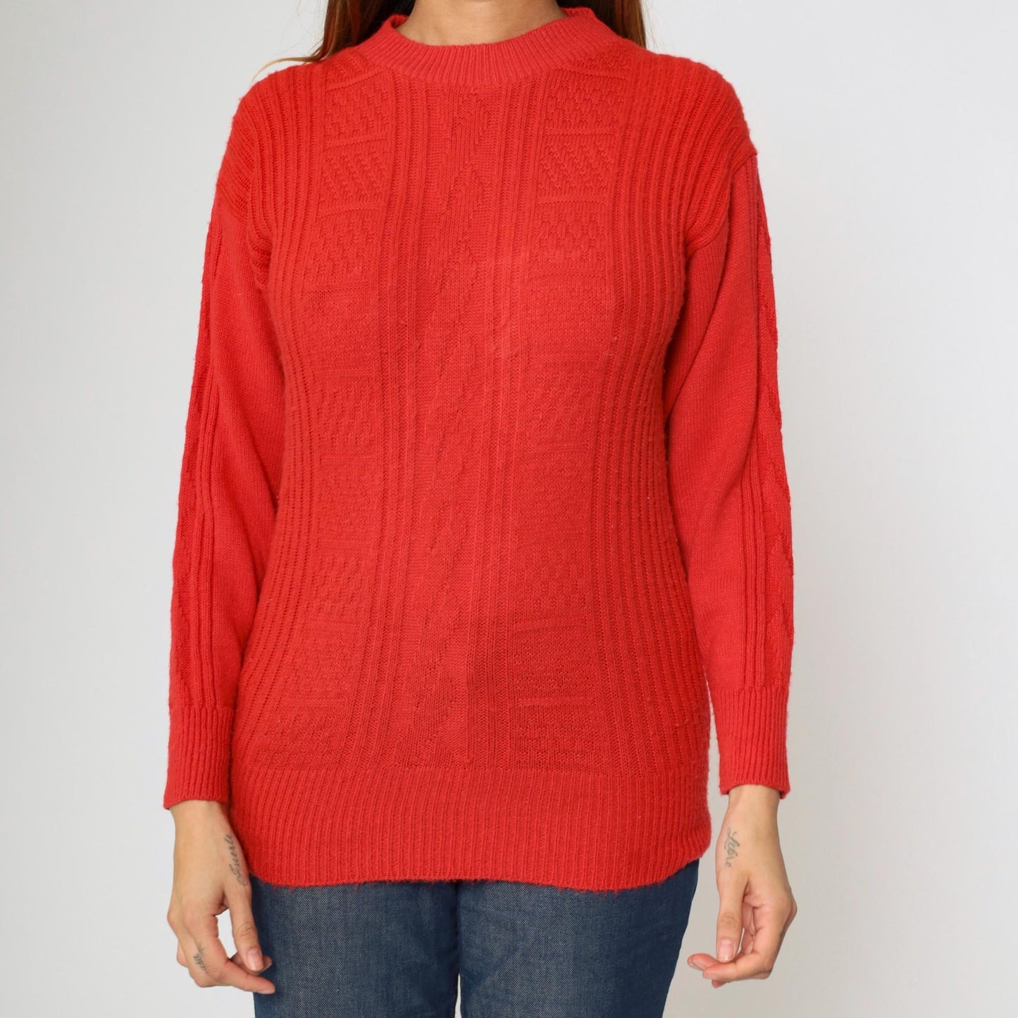 80s Cable Knit Sweater Red Textured Pullover Crewneck Extra Small