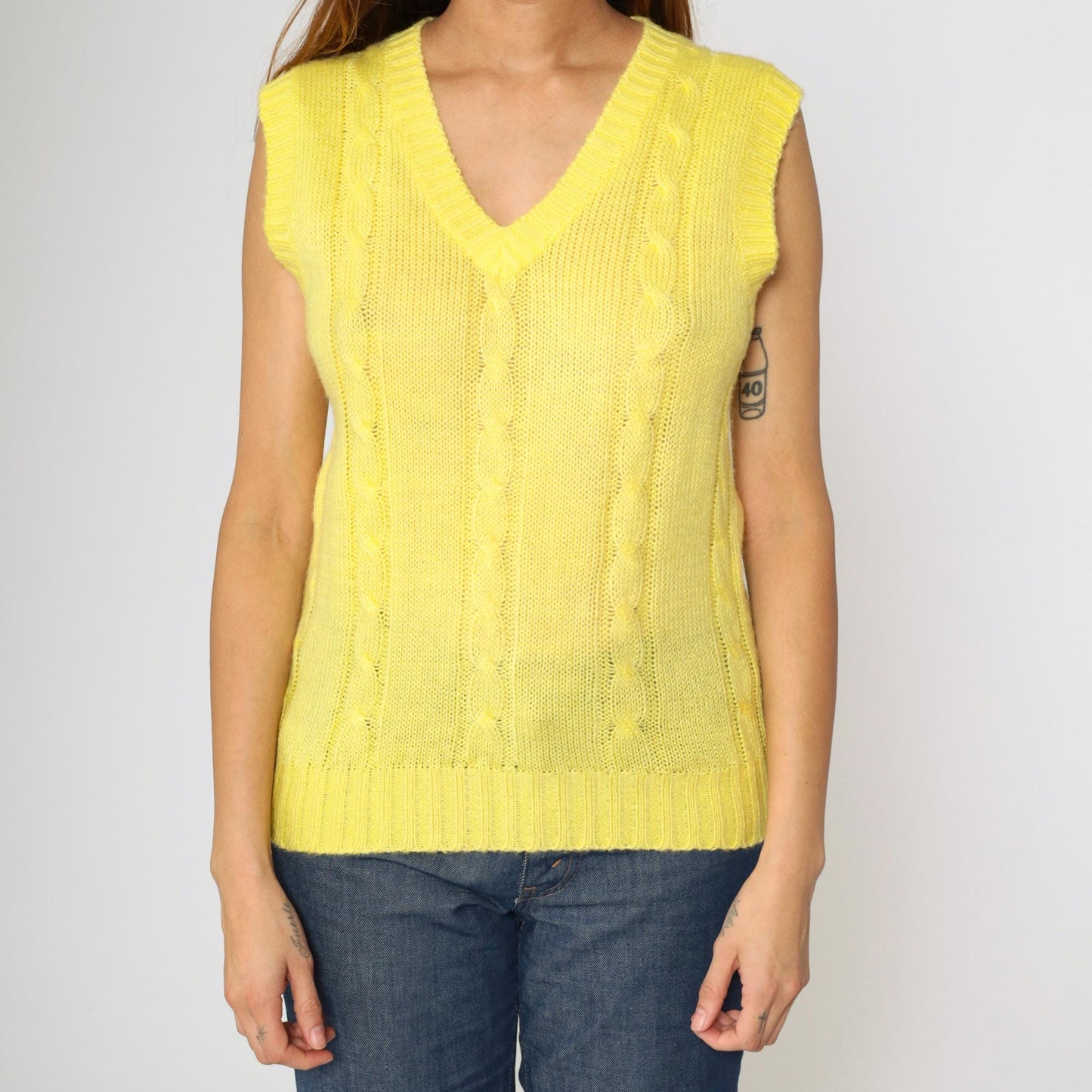 80s Yellow Cable Knit Sweater Vest V Neck Sleeveless Pullover Extra Small