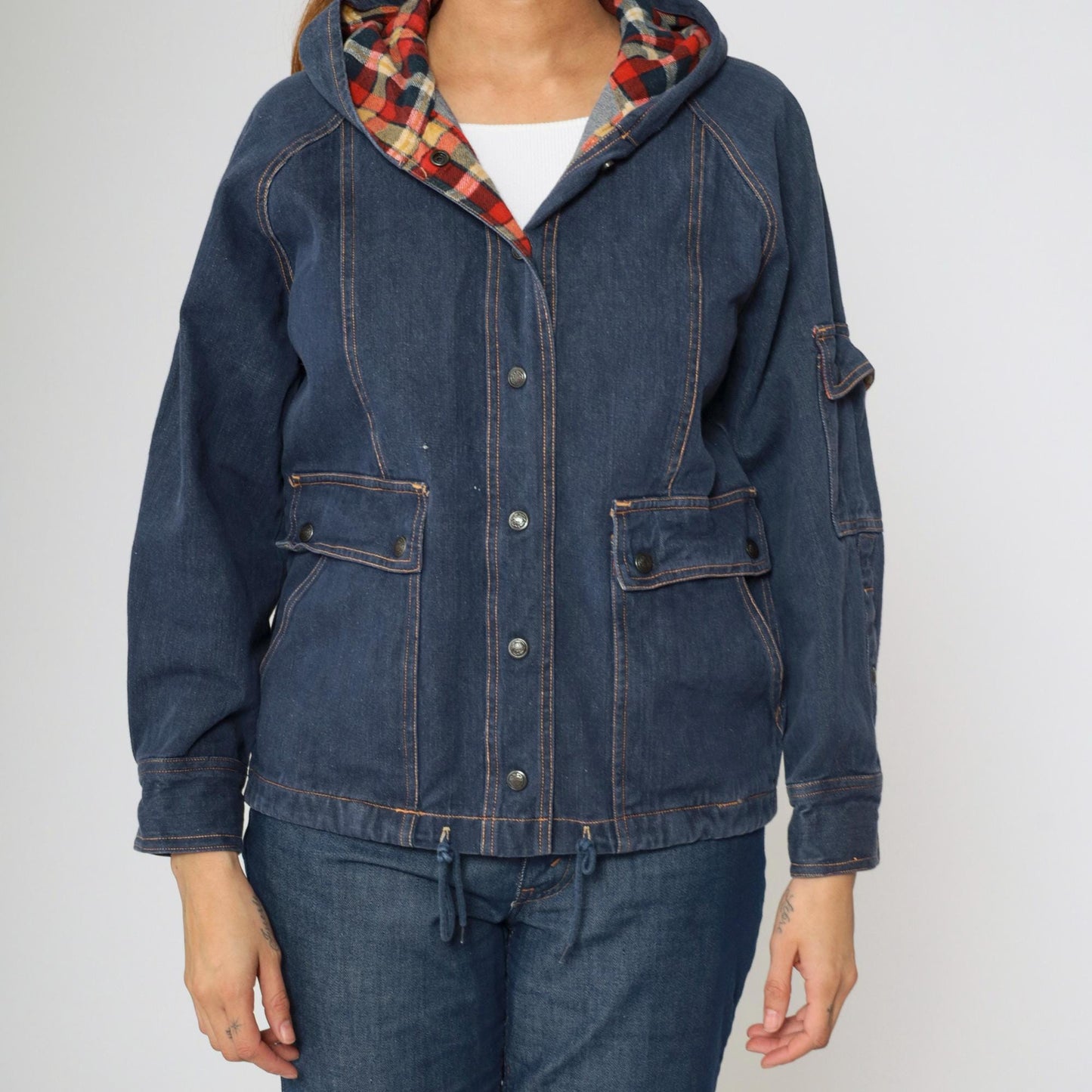 80s Dark Blue Denim Jacket Hooded Plaid Trim Cotton Medium
