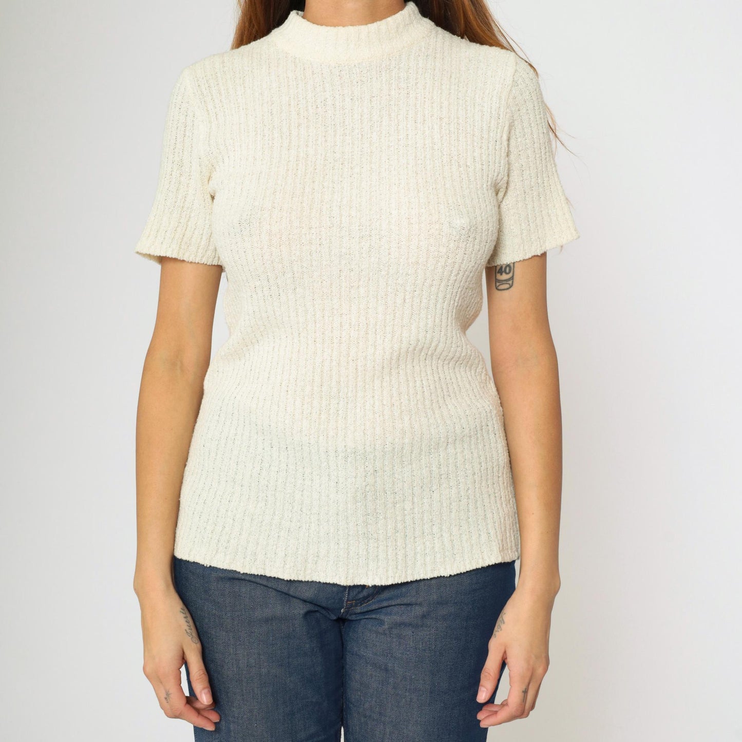 70s Rosanna Cream Ribbed Knit Mock Neck Short Sleeve Top Small Medium