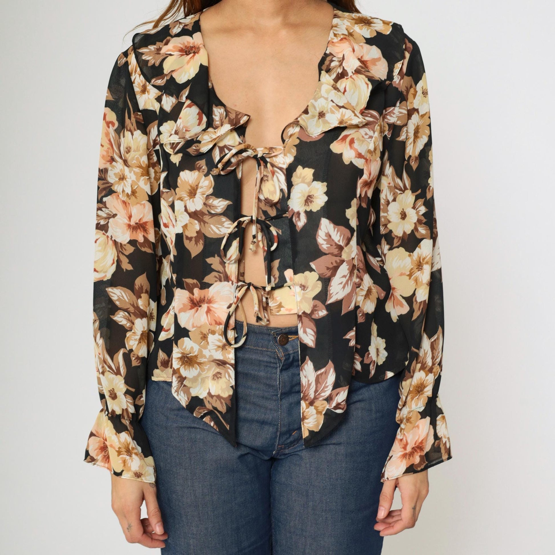 90s Gemini Black Floral Tie-Front Blouse Ruffled Collar Long Sleeve Large L