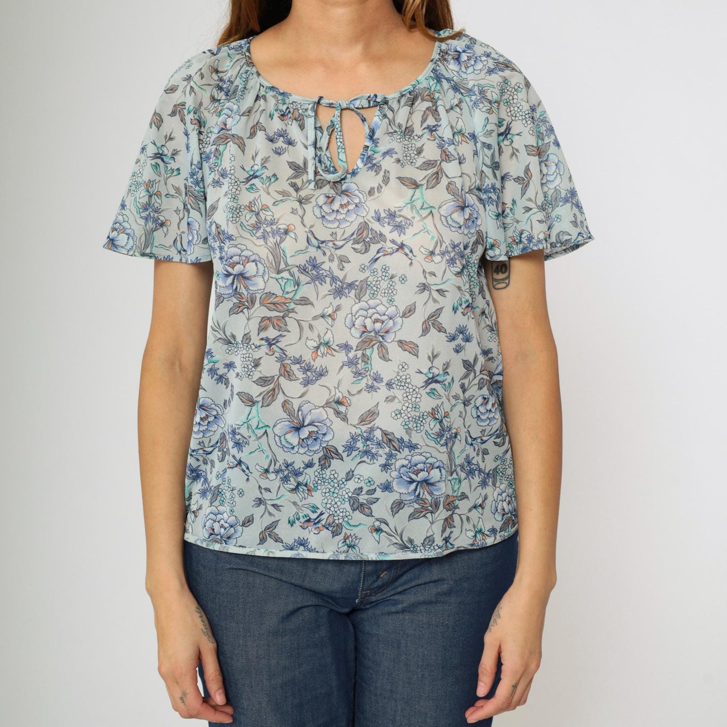 70s Teddi of California Floral Blouse Blue Keyhole Tie Neck Flutter Sleeve Small