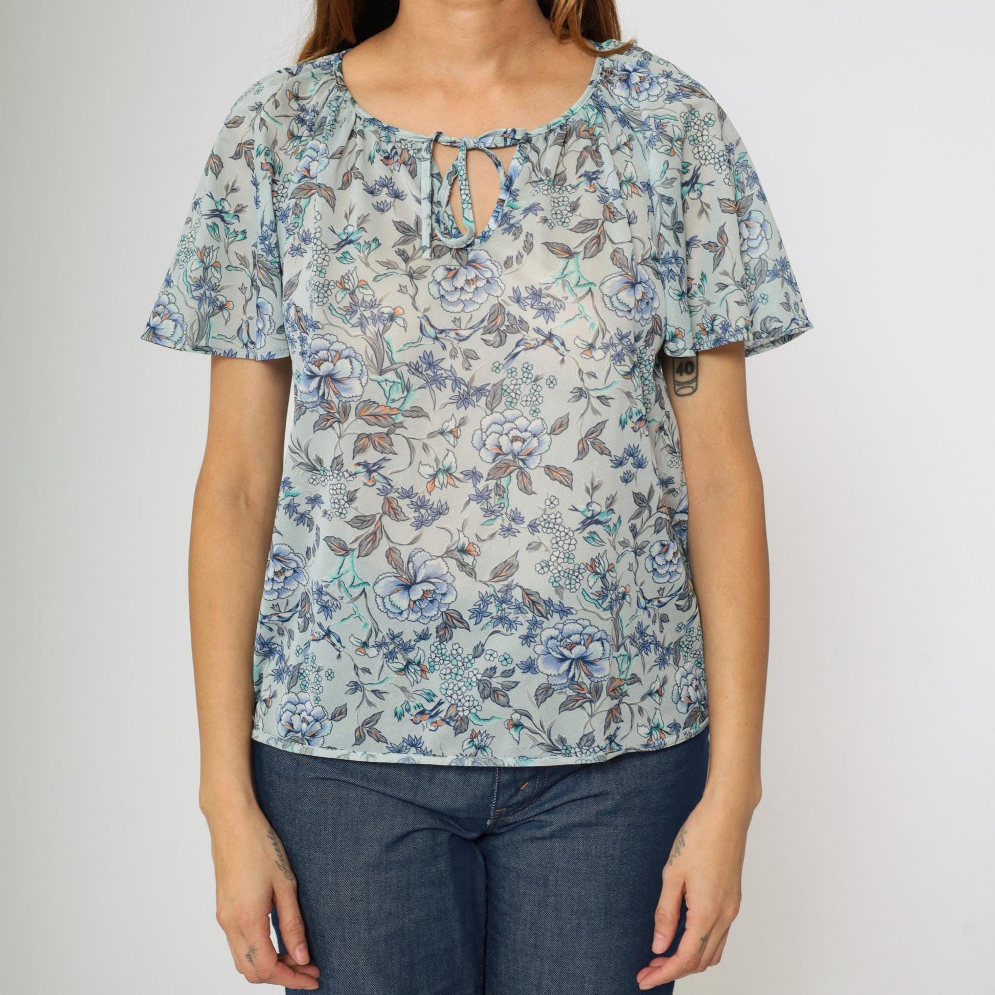 70s Teddi of California Floral Blouse Blue Keyhole Tie Neck Flutter Sleeve Small