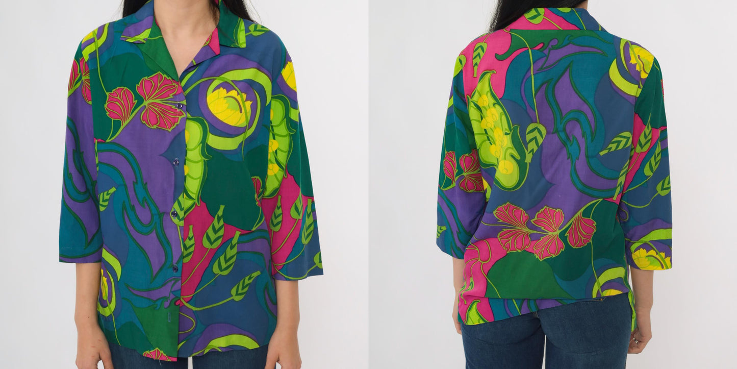 70s Tropical Floral Button-Up Shirt Purple Green Multicolor 3/4 Sleeve Medium M