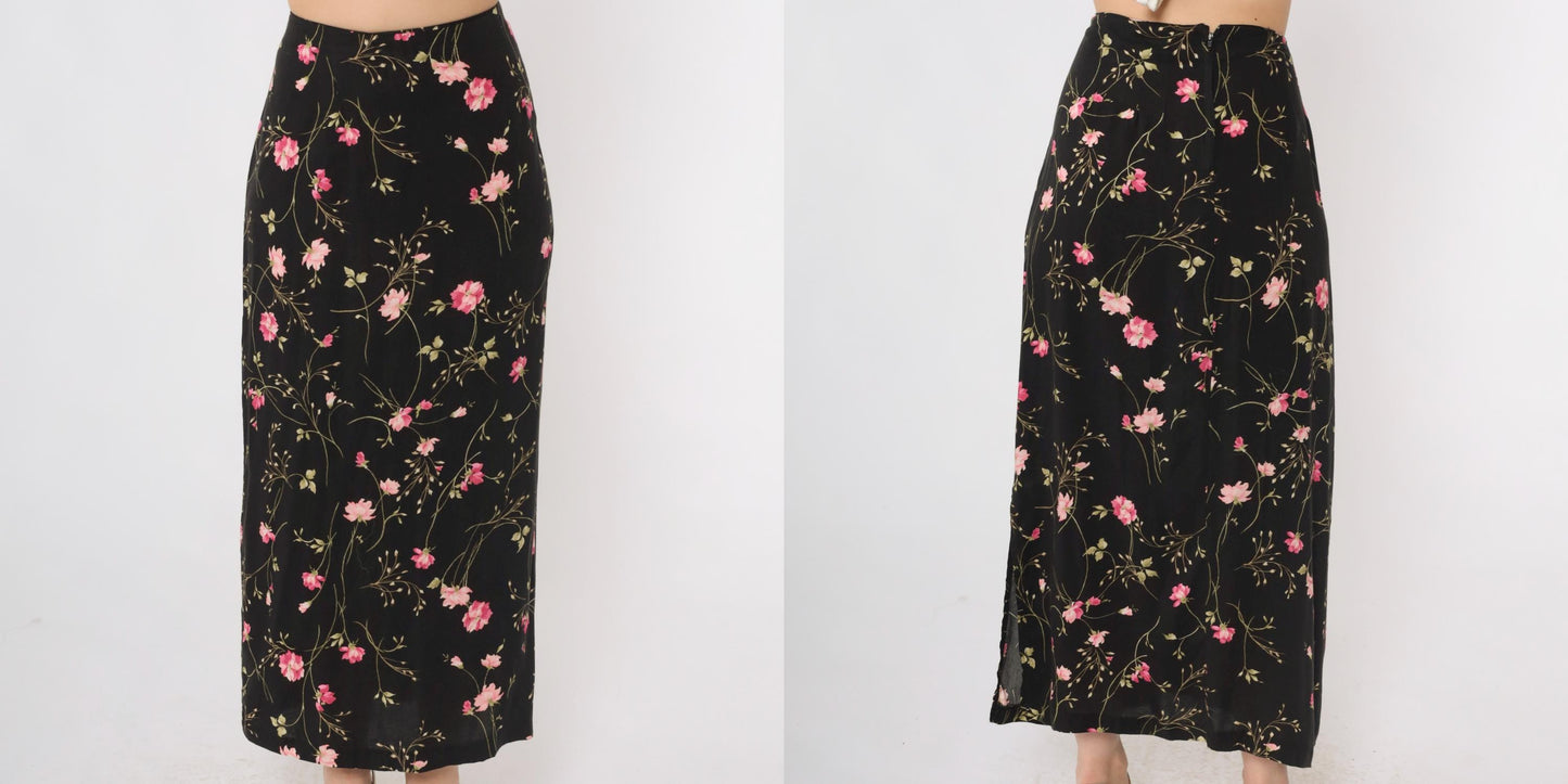 90s Black Floral Rayon Skirt High Waist Ankle Length Extra Large XL