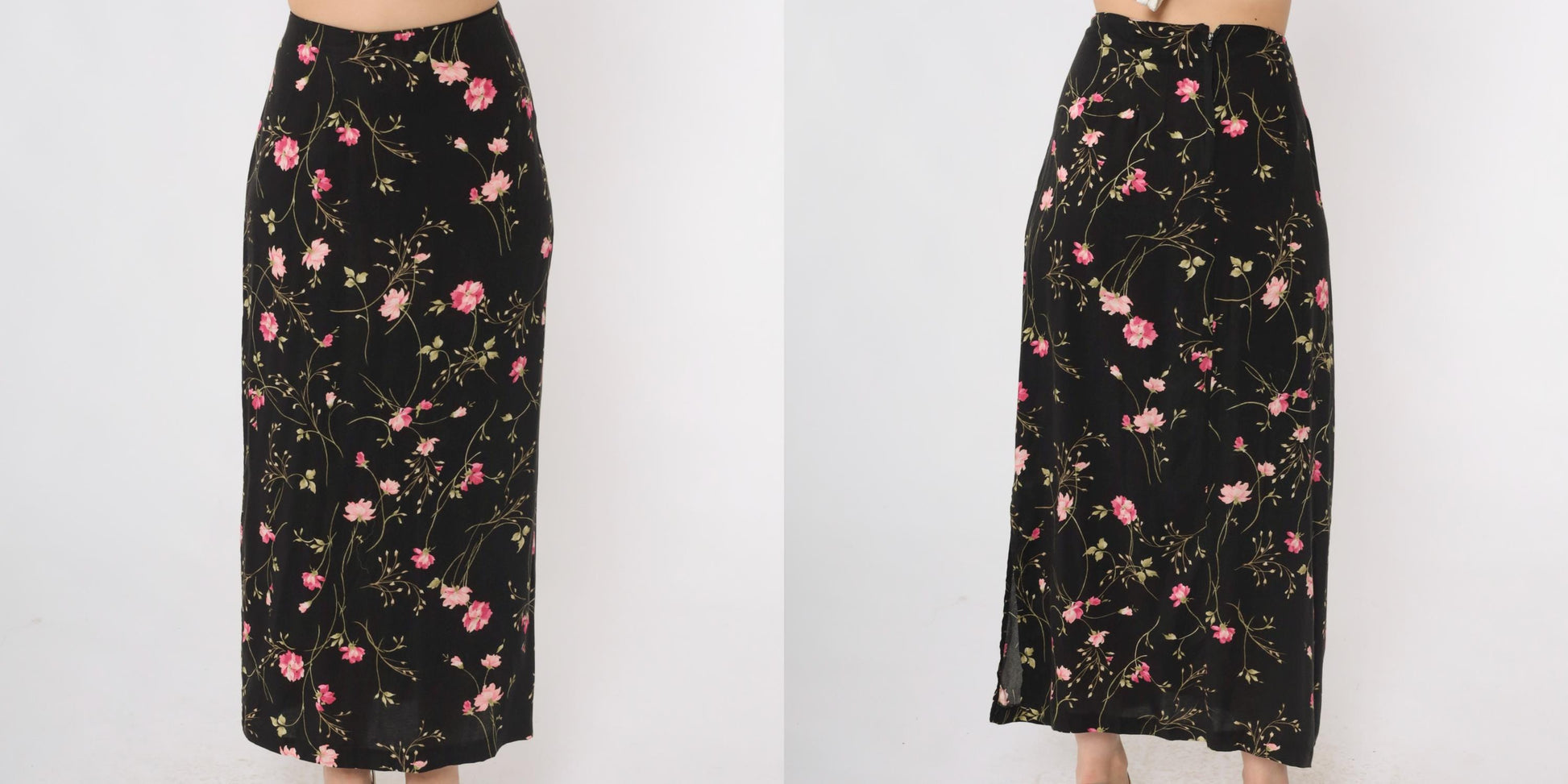 90s Black Floral Rayon Skirt High Waist Ankle Length Extra Large XL