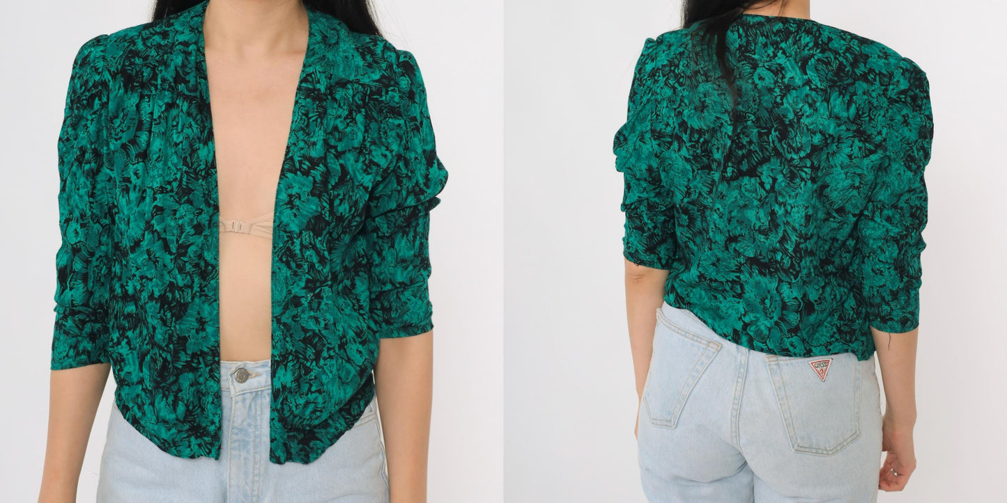 80s Jazzy Rayon Blouse Puff Sleeve Abstract Floral Green Black Small