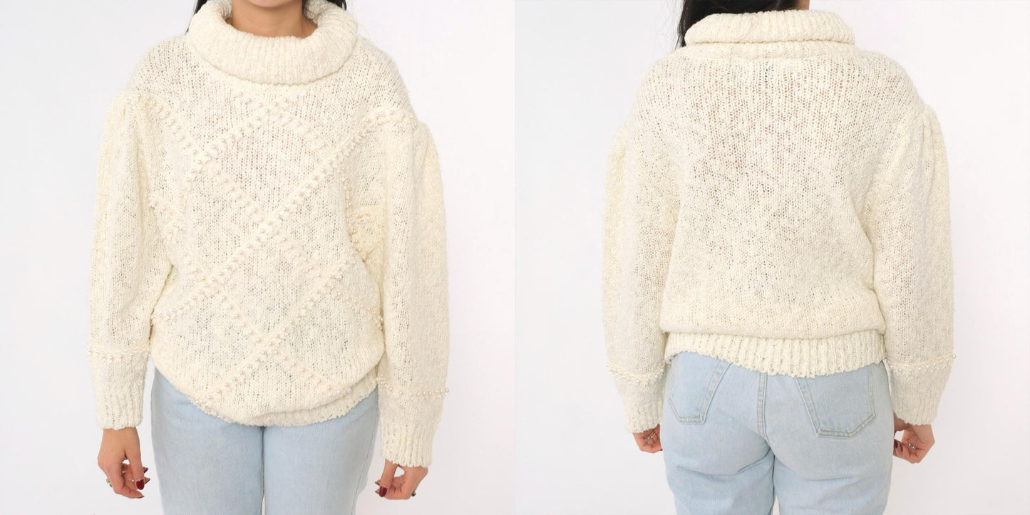 80s Bonnie and Bill Cream Pearl Beaded Turtleneck Sweater Medium