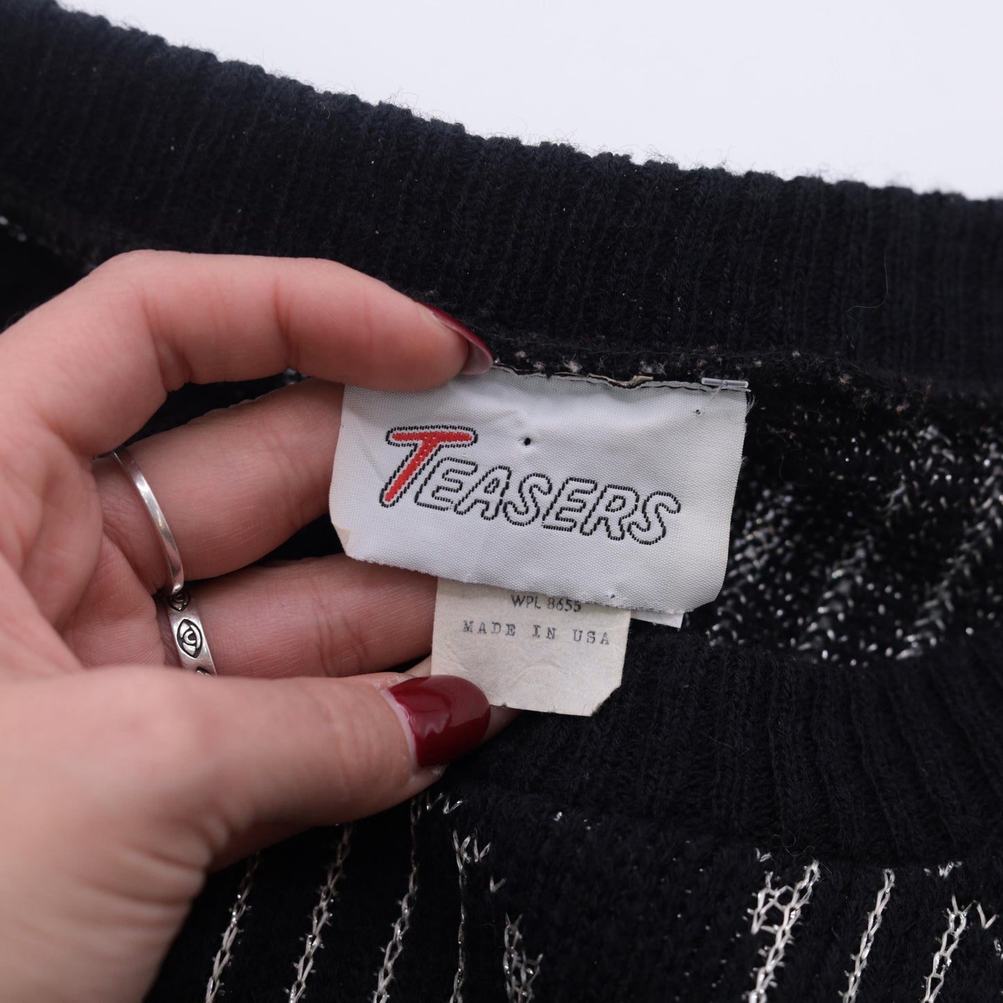 80s Black Metallic Striped Sweater Silver Abstract Knit Small Medium